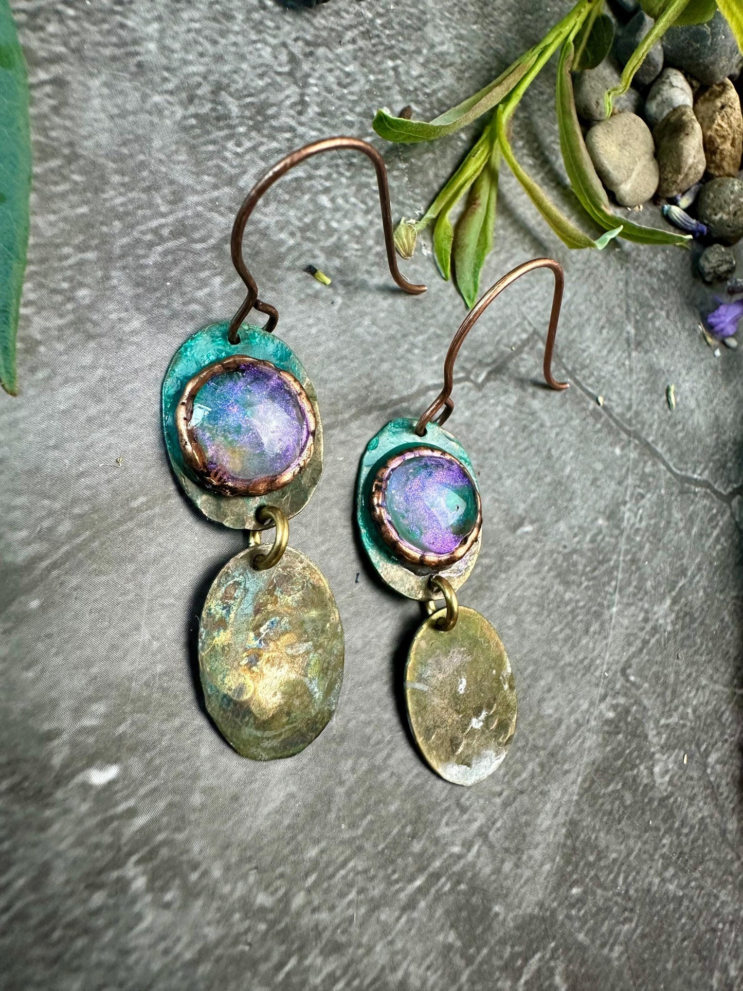 Gleaming Pool Double Drop Earrings- Iridescent Hand Beaten Brass with Hand Colored Resin