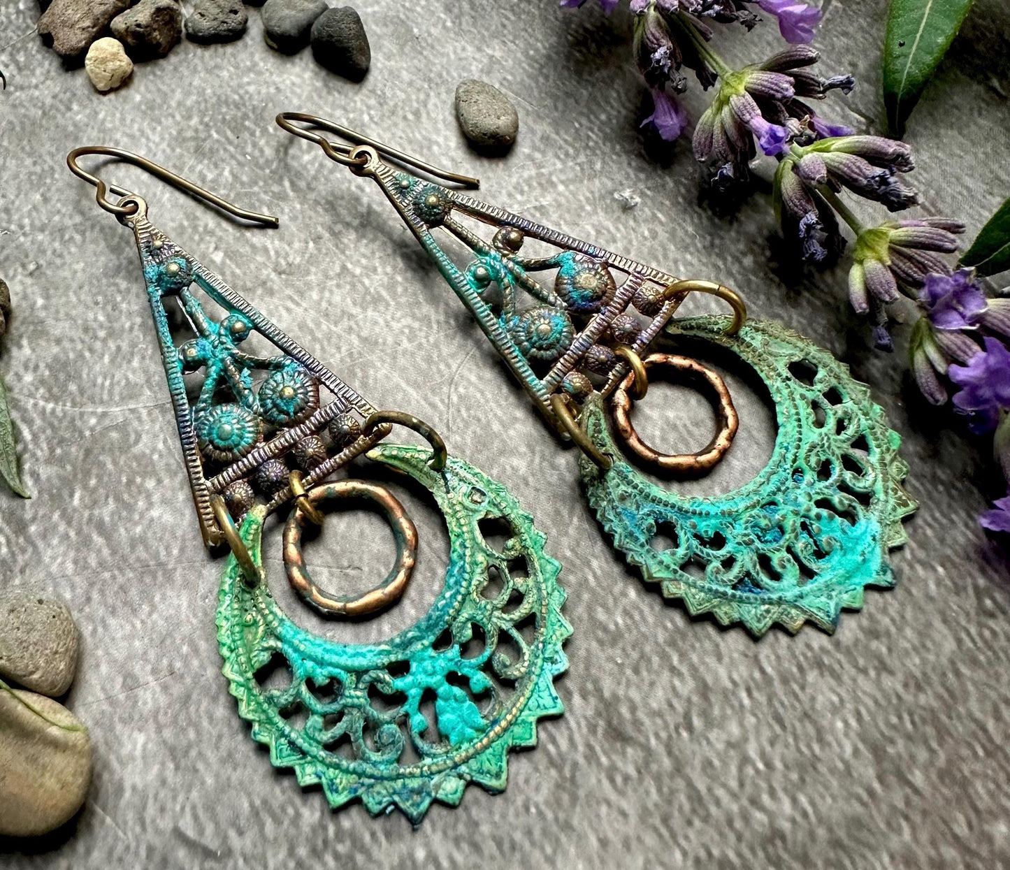 Verdigris Filigree Moon Earrings- Handmade Solid Brass Green Blue Hand Patina