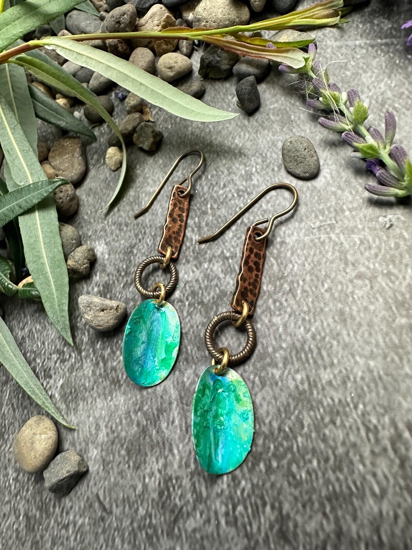Petal Earrings- Hand formed Solid Brass Hand Patina