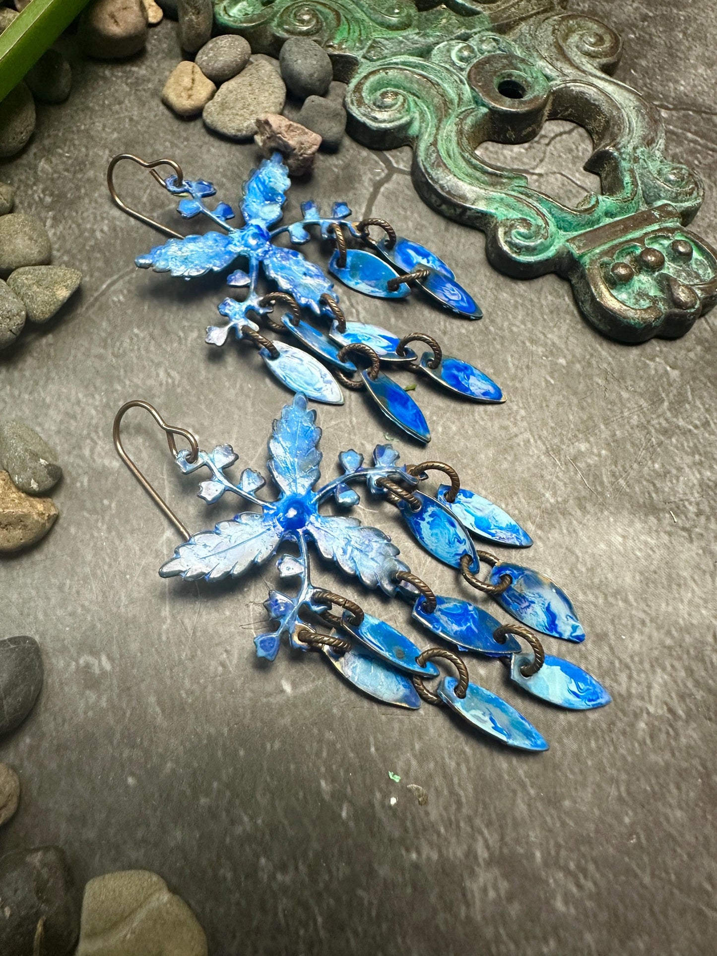 Wisteria Petals Earrings- Handmade Beaten Solid Brass - Blue Patina