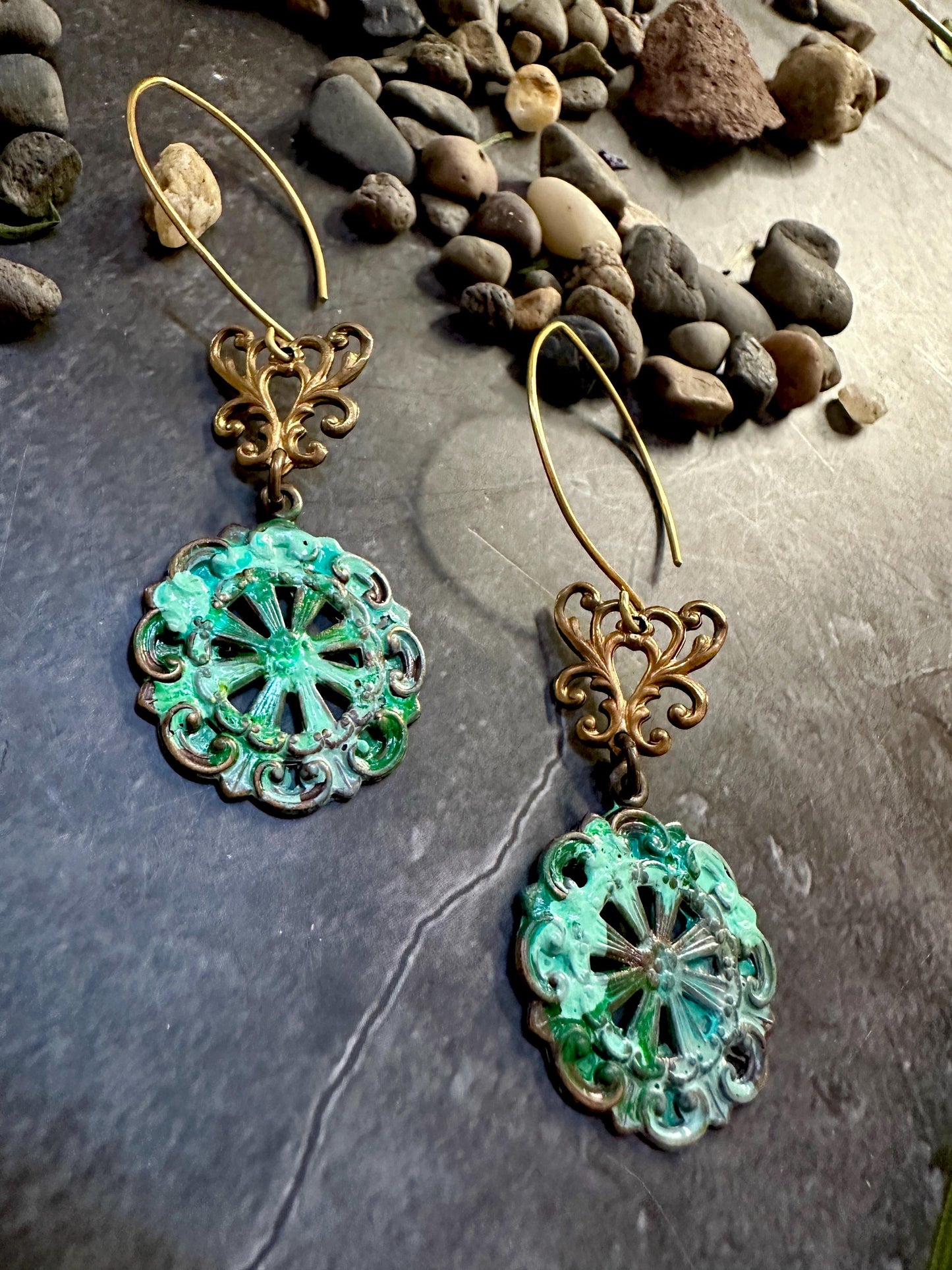 Flourish Filigree Earrings- Handmade Solid Brass Hand Patina