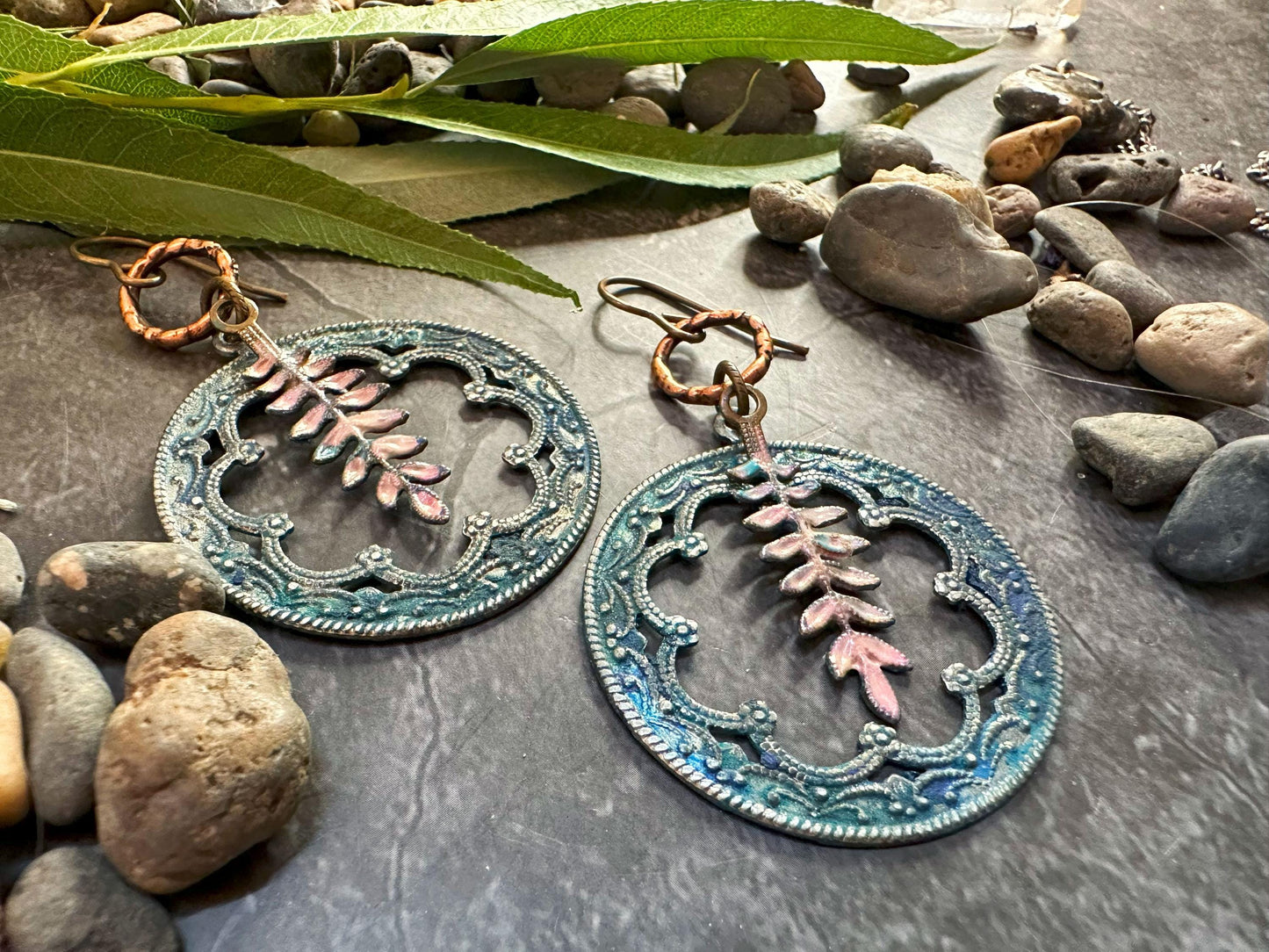 Fern Forest Frame Earrings- Handmade Solid Beaten Brass Iridescent Hand Patina