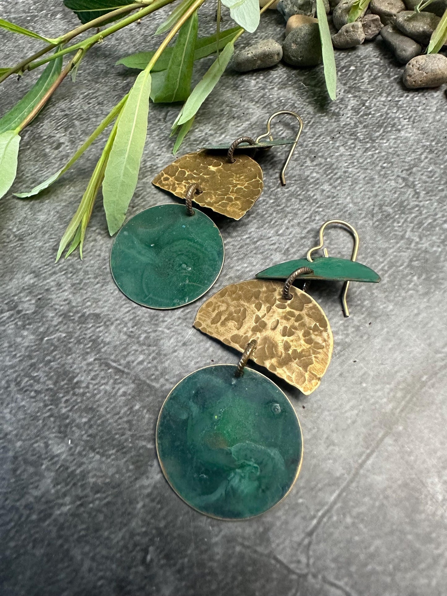 Geometric Shape Earrings - Handmade Solid Hammered Brass Green Hand Patina
