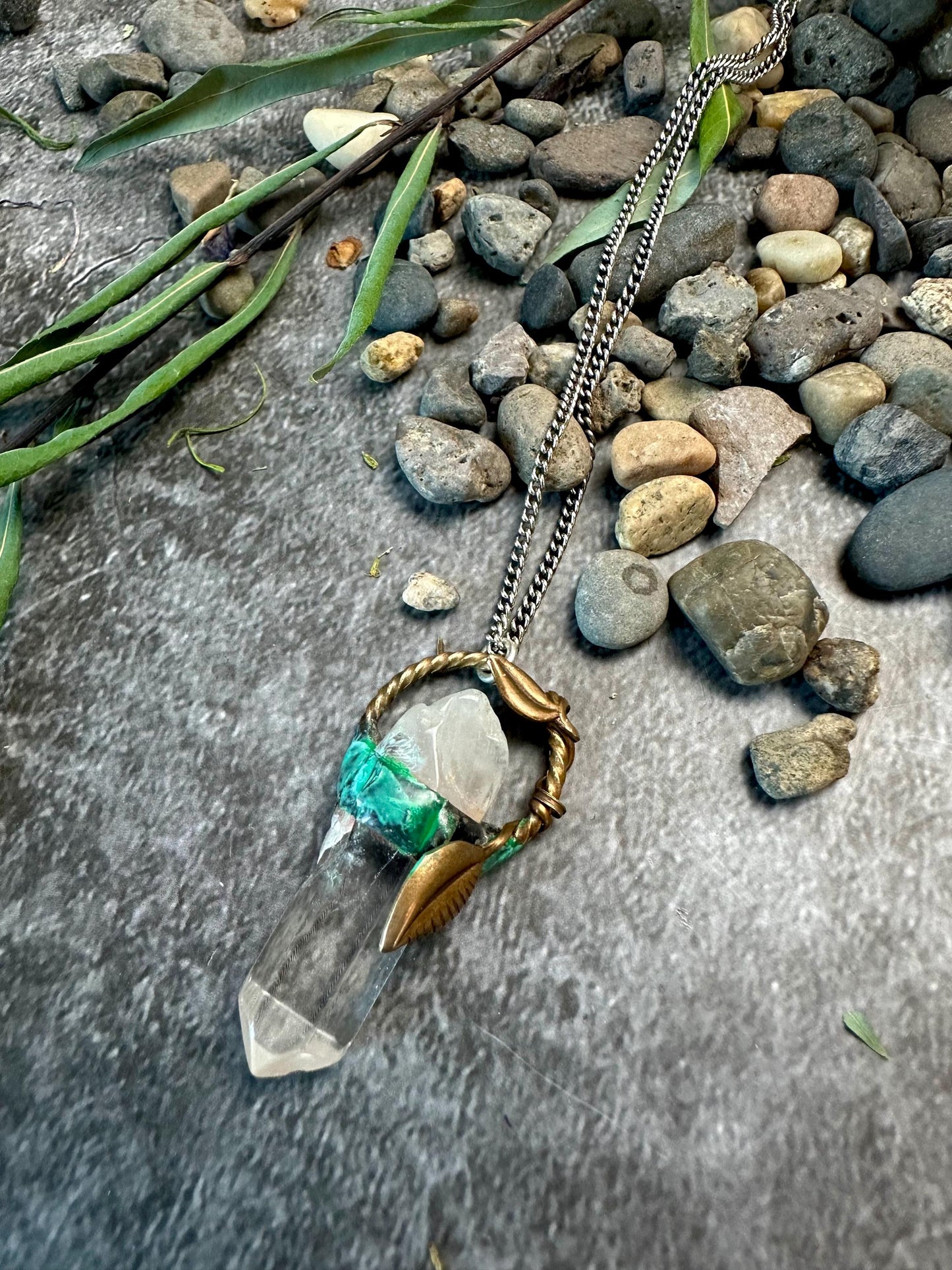 Climbing Vine - Handmade Soldered Crystal Quartz Hand Patina Necklace