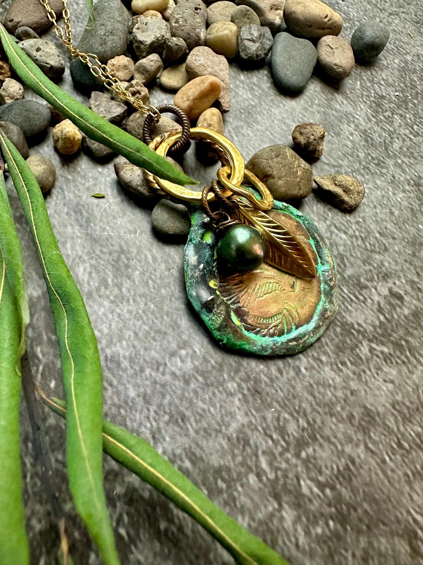 Pegasus Coin Necklace - Hand Soldered Beaten Brass Fresh water Pearl Hand Patina