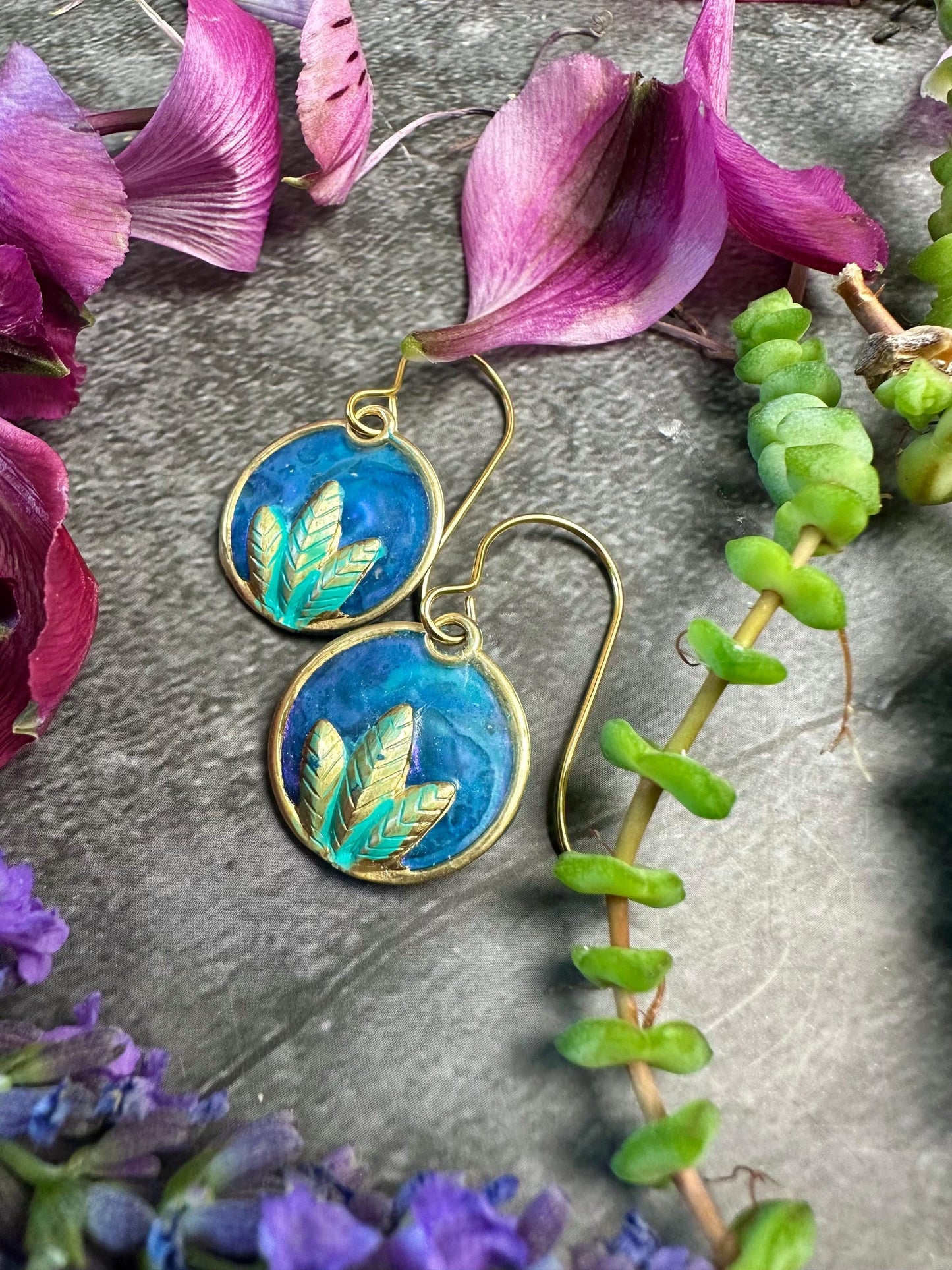 Lotus Bloom Earrings- Handmade Iridescent Patina Hand Colored Resin- blue