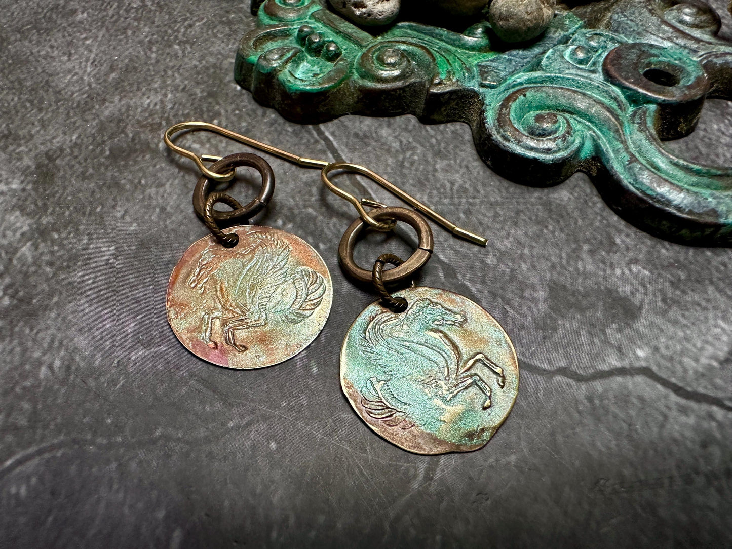 Pegasus Petite Coin Earrings- Handmade Solid Beaten Brass Iridescent Hand Patina