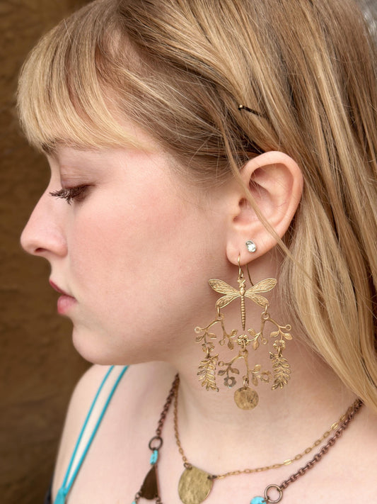 Dragonfly Meadow Floral Statement Earrings- Handmade Beaten Solid Brass