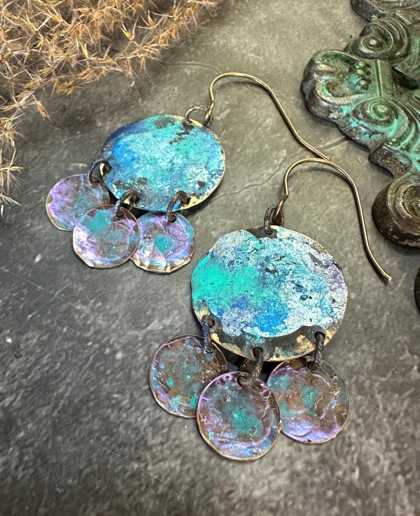 Mermaid Coin Earrings- Hand Patina Handmade Solid Beaten Brass Iridescent Patina