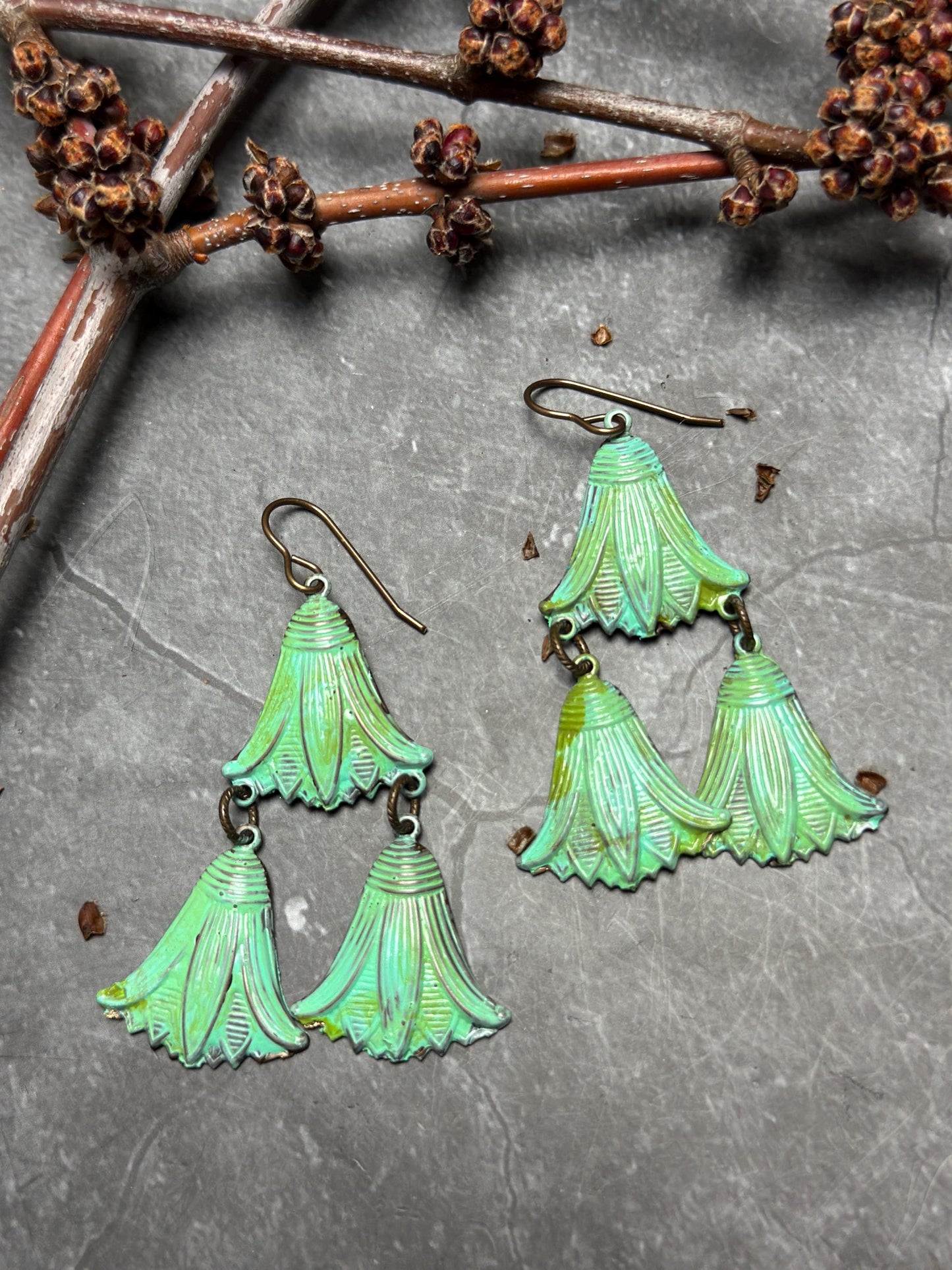Lotus Drops Earrings- Handmade Beaten Solid Brass- Green Patina