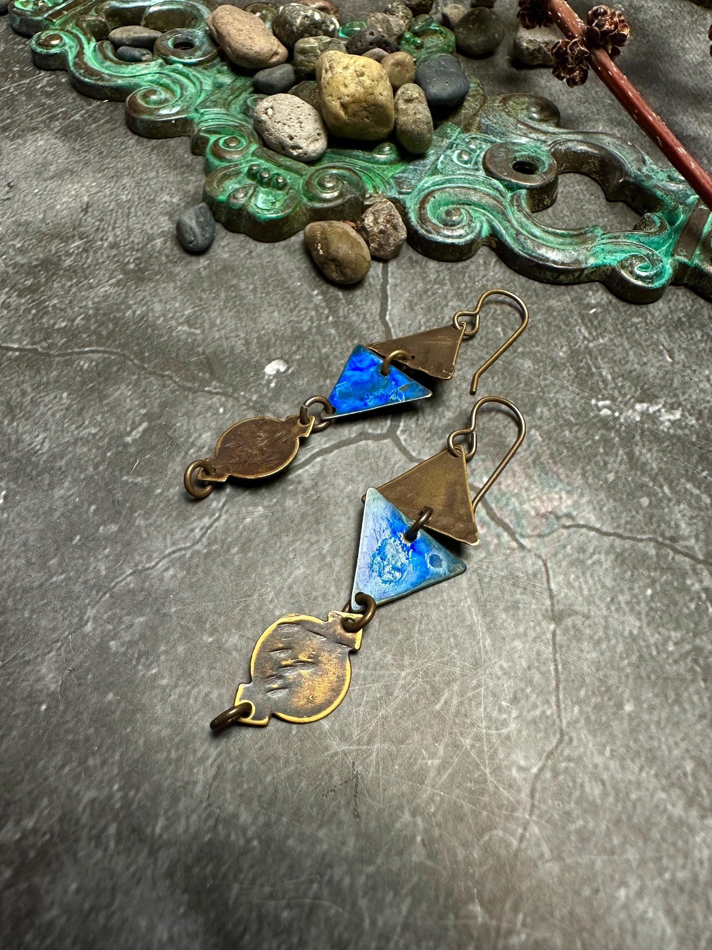 Geometric Triangle Ancient Vessel Earrings- Hand Enamel Blue Bronze Handmade Solid Beaten Brass
