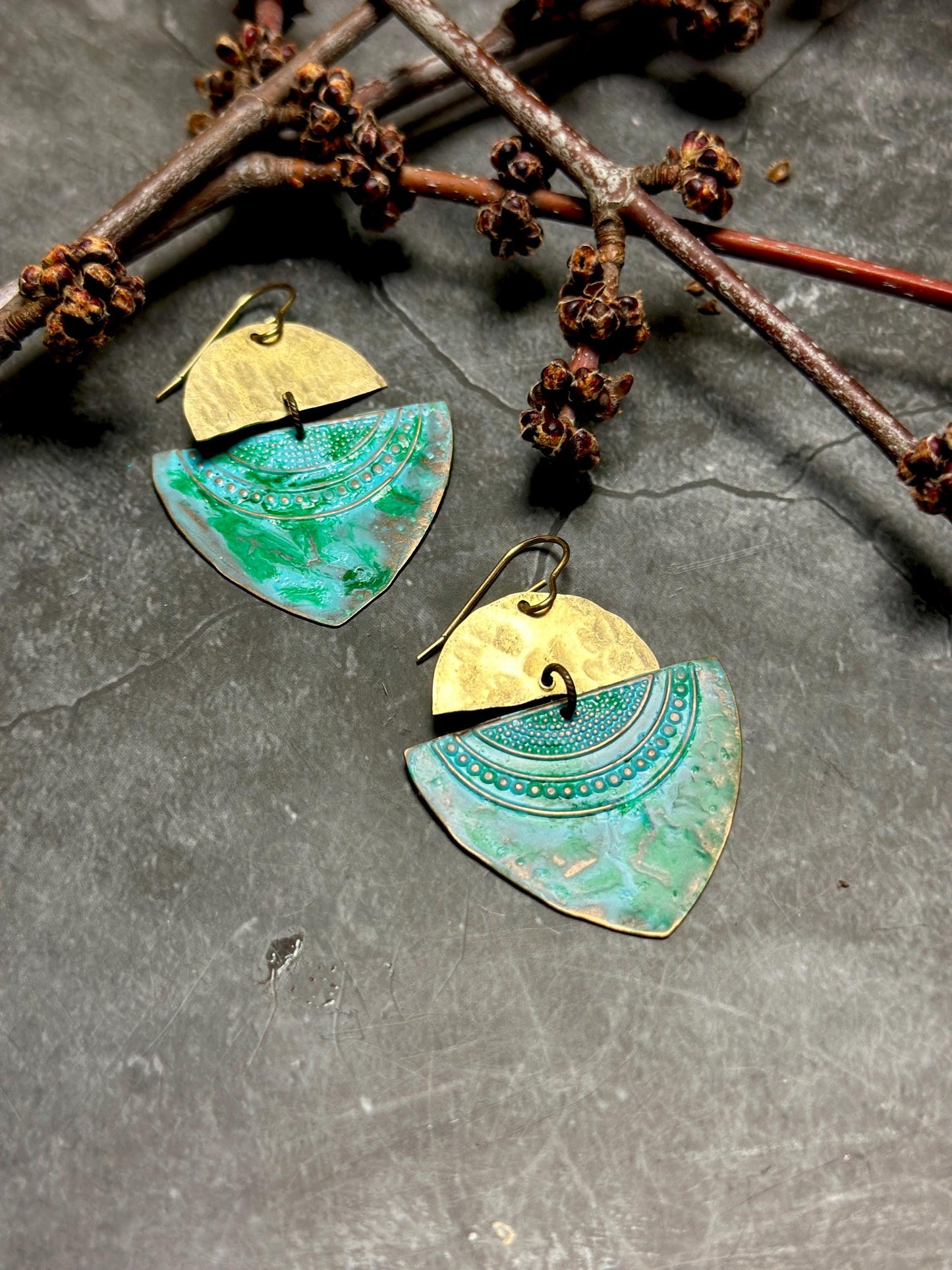 Geometric Tribal Modern Talisman Earrings - Bohemian Southwest Handmade Solid Hammered Brass Blue Green Hand Patina