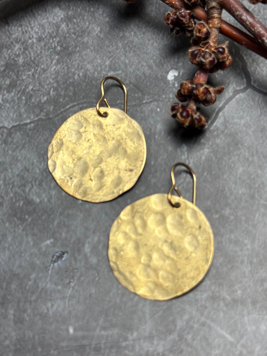 Full Moon Disc Earrings - Handmade Hammered Solid Beaten Brass