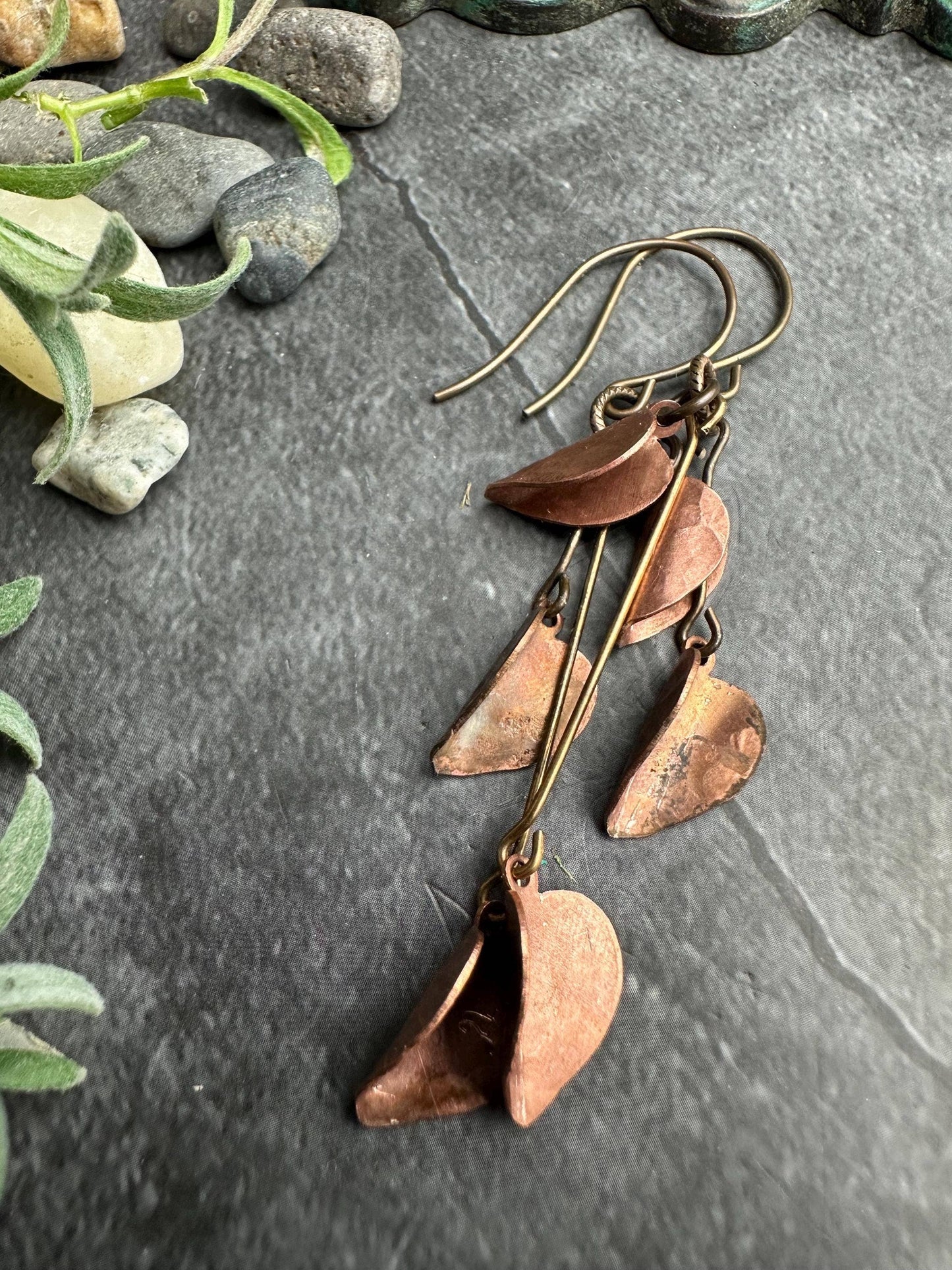 Copper Leaf Cascade Earrings - Rustic Copper Dangles