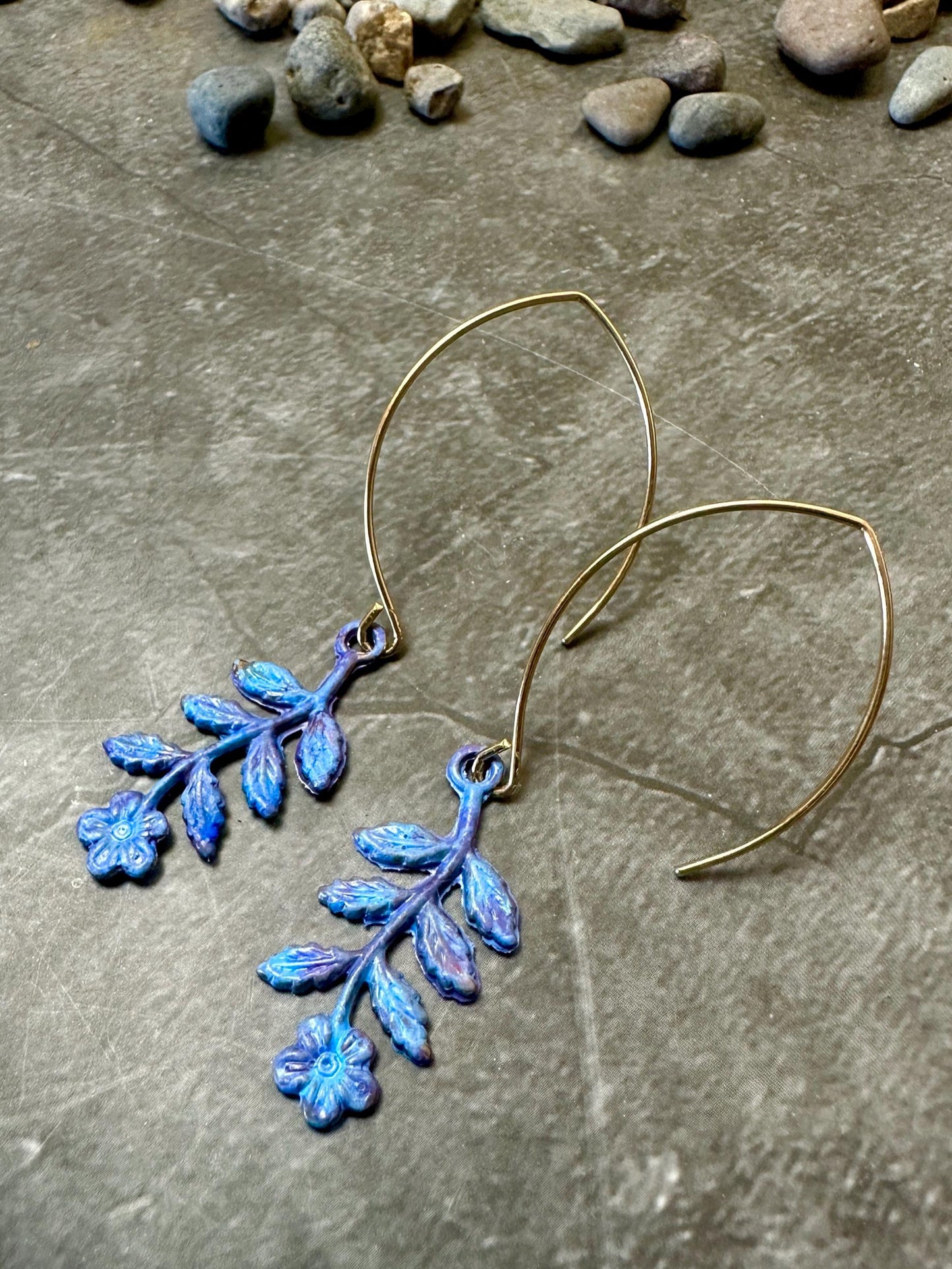 Floral Sprig Charm Earrings Garden Fairy - Handmade Solid Brass Purple Hand Patina