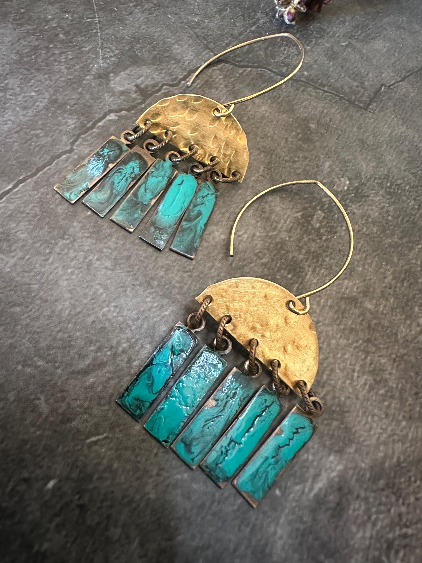 Geometric Fringe Earrings - Handmade Solid Hammered Brass Green Blue Hand Enamel