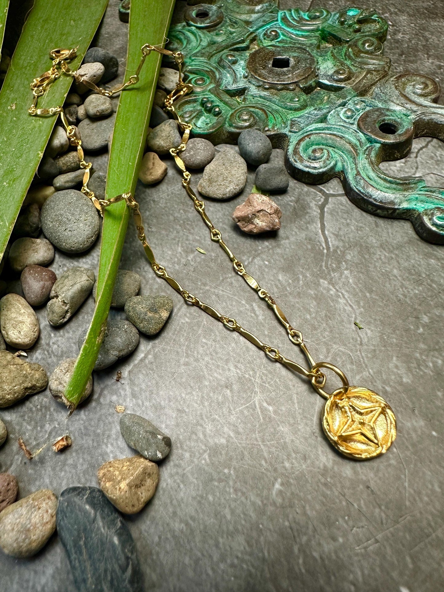 Nautical Star Charm Necklace - Handmade 10k Gold over Pewter