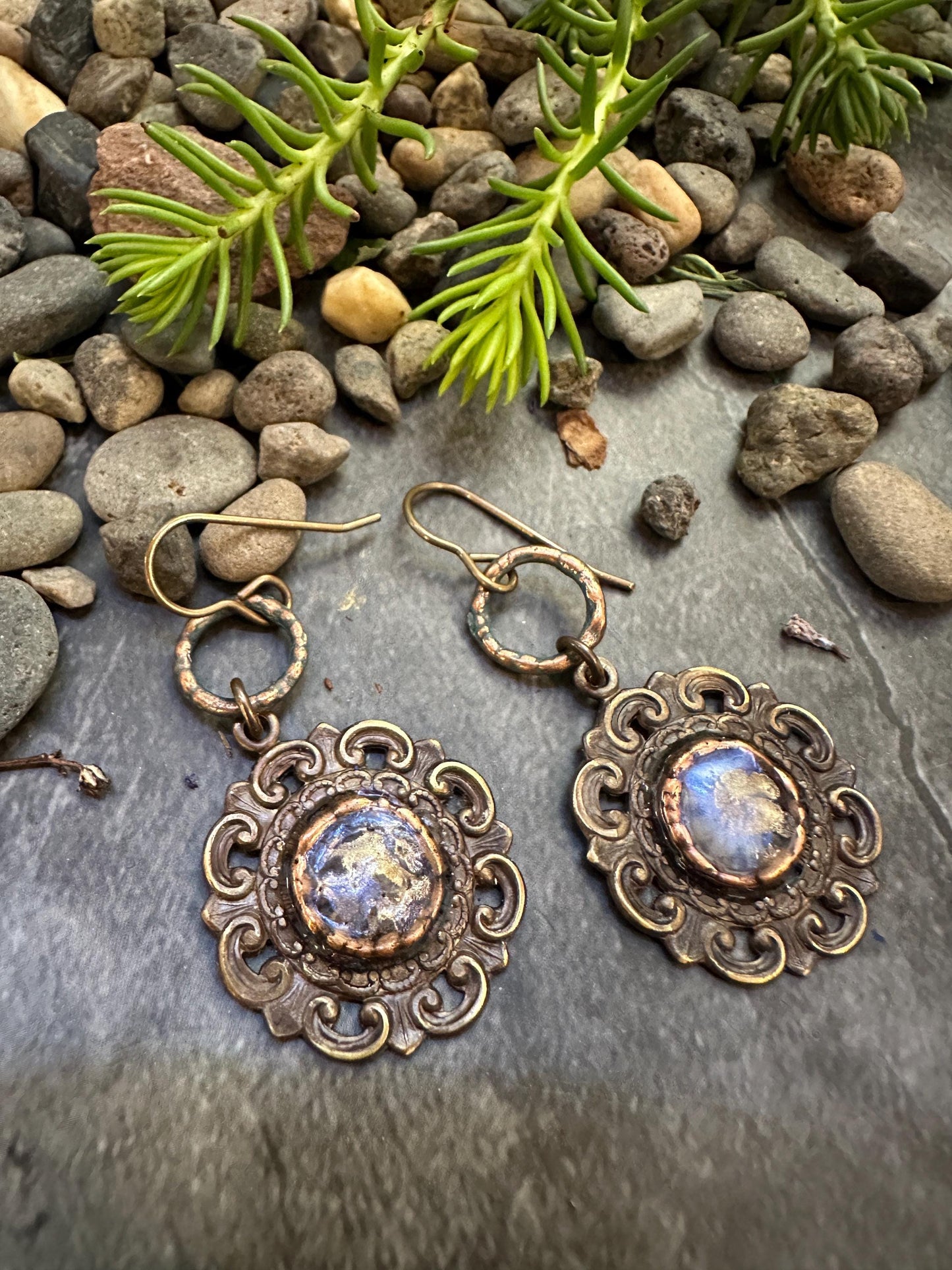 Dewdrop Garden Earrings- Handmade Solid Beaten Brass Iridescent Hand Patina