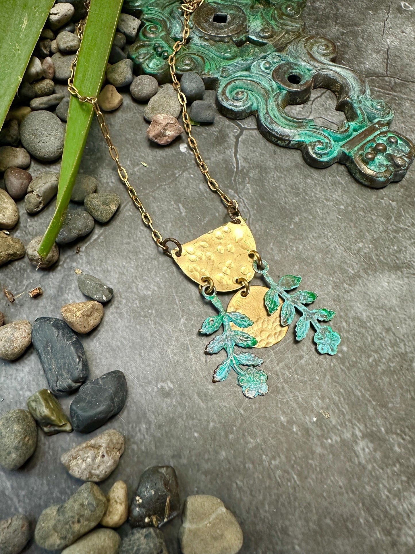 Moon Flower Necklace- Hand Hammered Solid Brass, Hand Patina- 16in