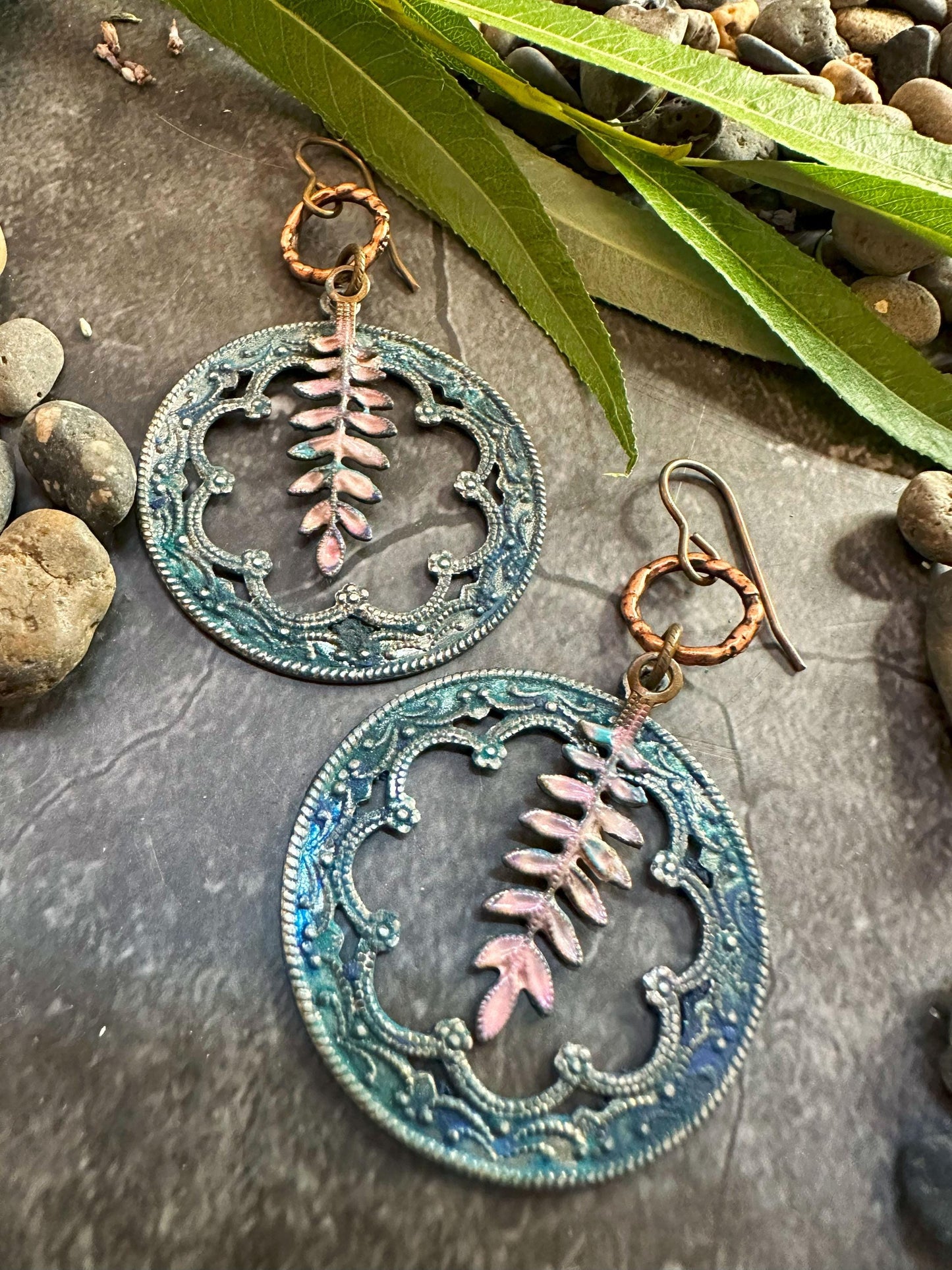 Fern Forest Frame Earrings- Handmade Solid Beaten Brass Iridescent Hand Patina