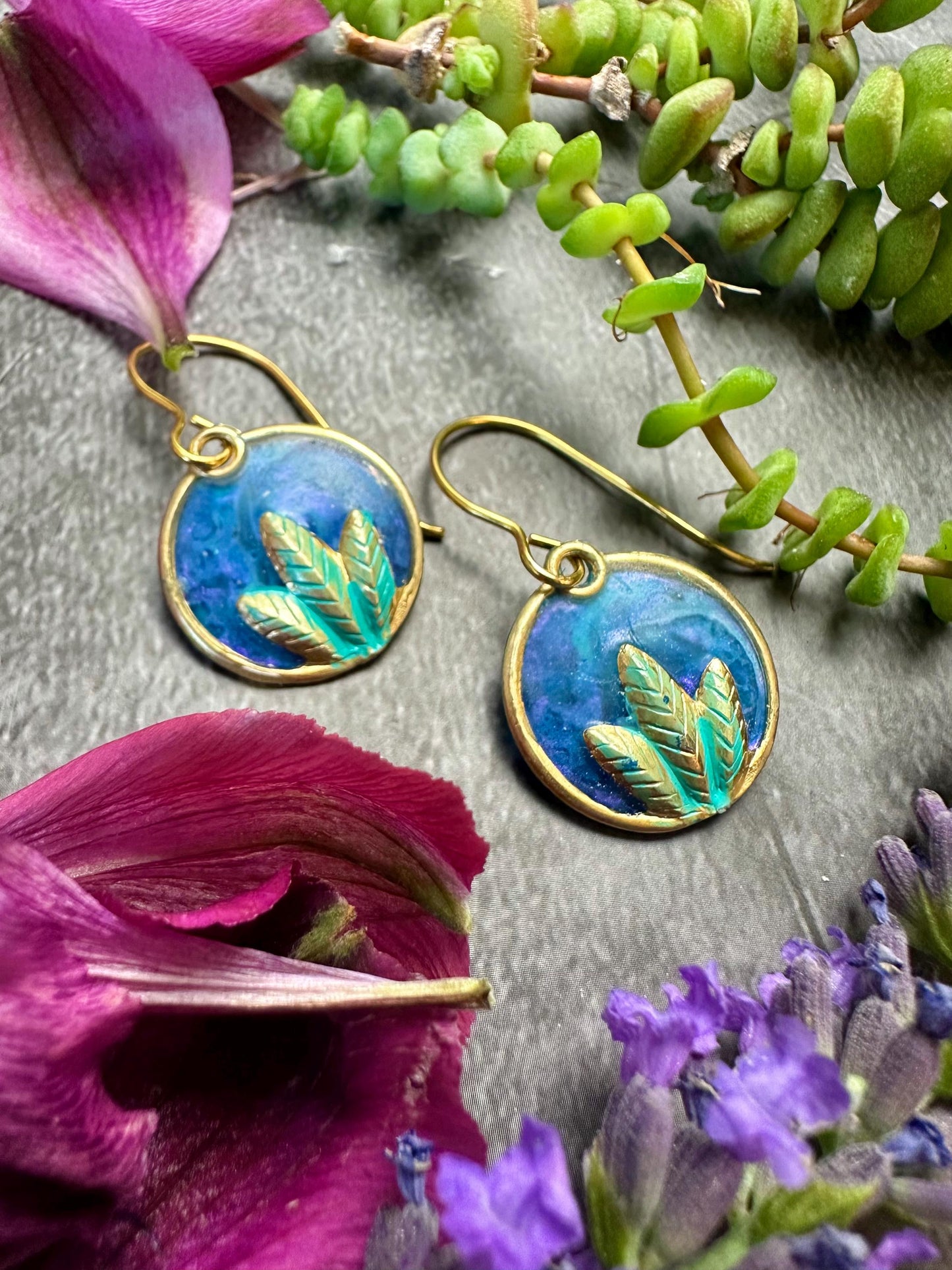 Lotus Bloom Earrings- Handmade Iridescent Patina Hand Colored Resin- blue