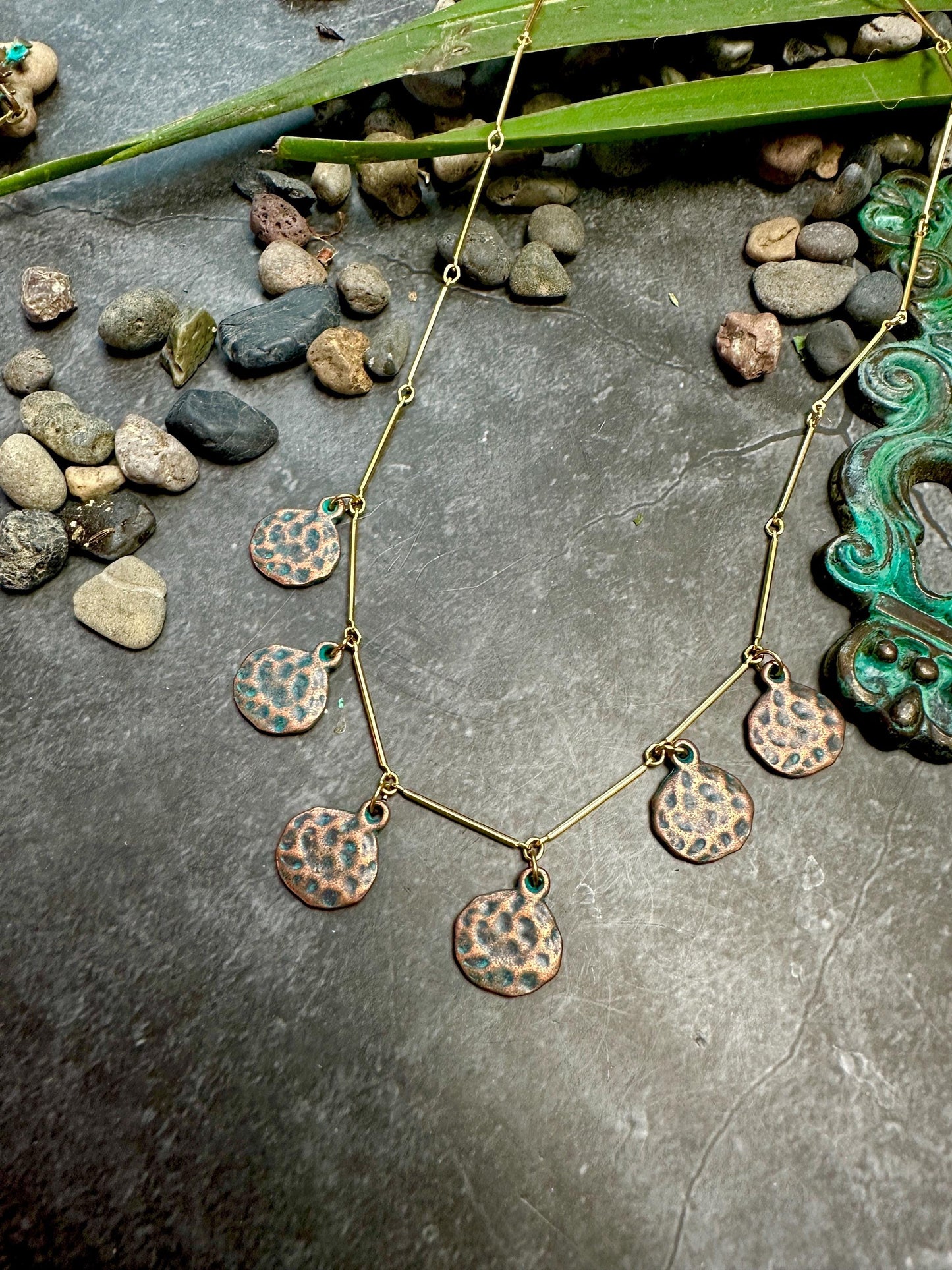 Calypso Necklace- Hammered Copper over Pewter, 10k Gold Plated Chain - 18 inch