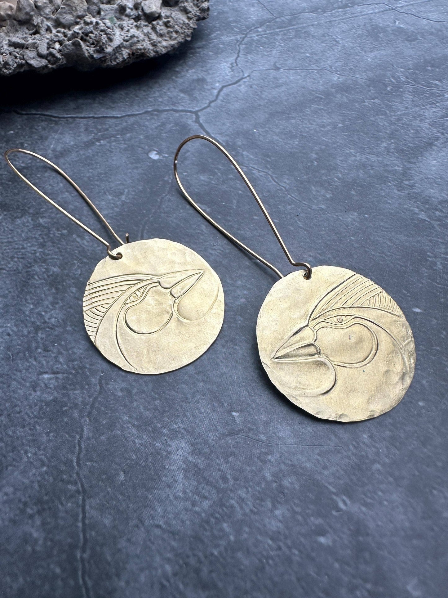 Tropical Bird Disc Earrings - Hammered Brass