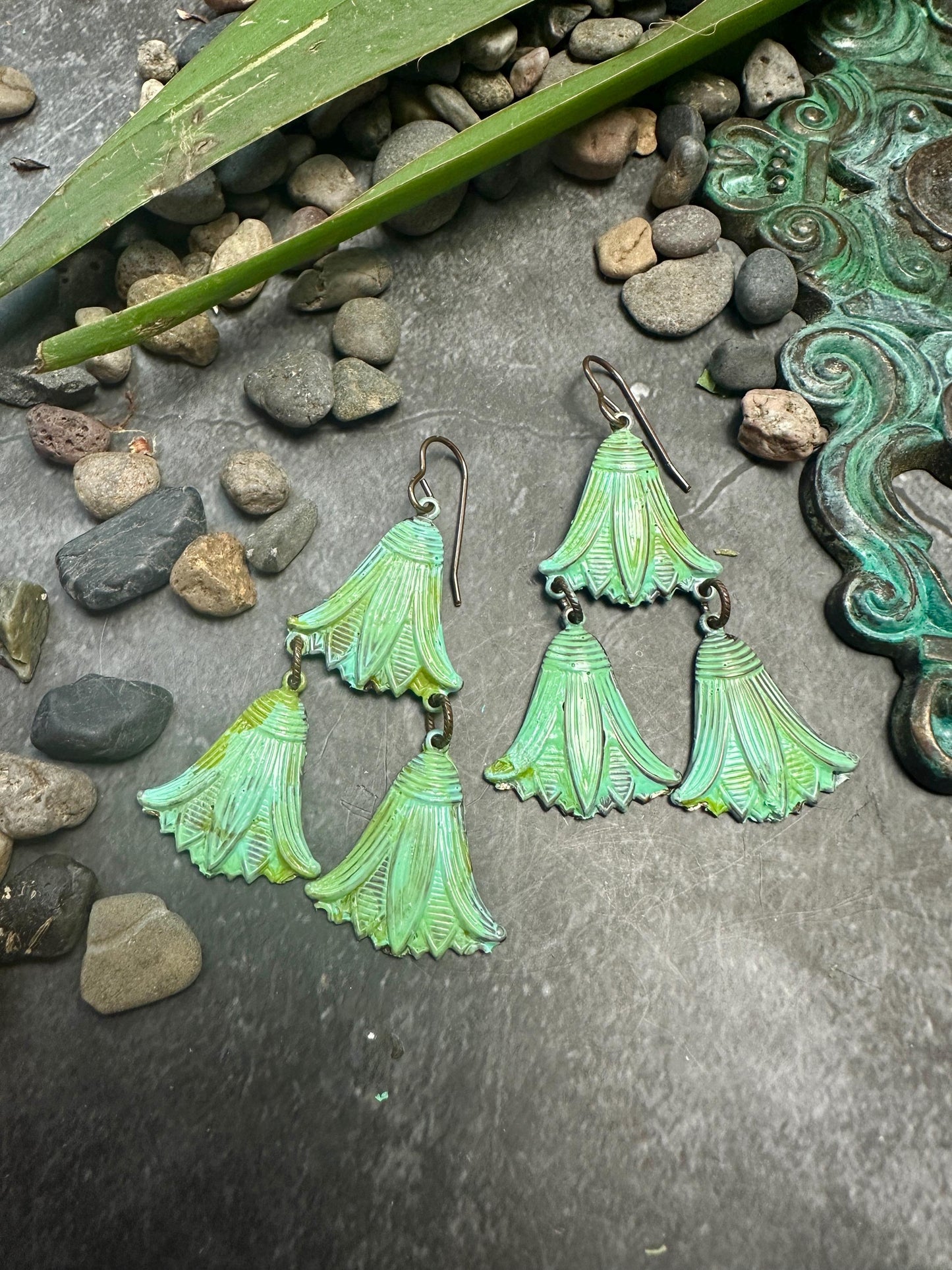 Lotus Drops Earrings- Handmade Beaten Solid Brass- Green Patina