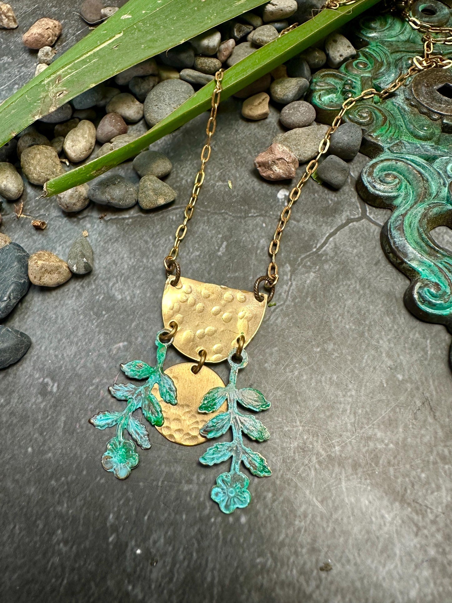 Moon Flower Necklace- Hand Hammered Solid Brass, Hand Patina- 16in