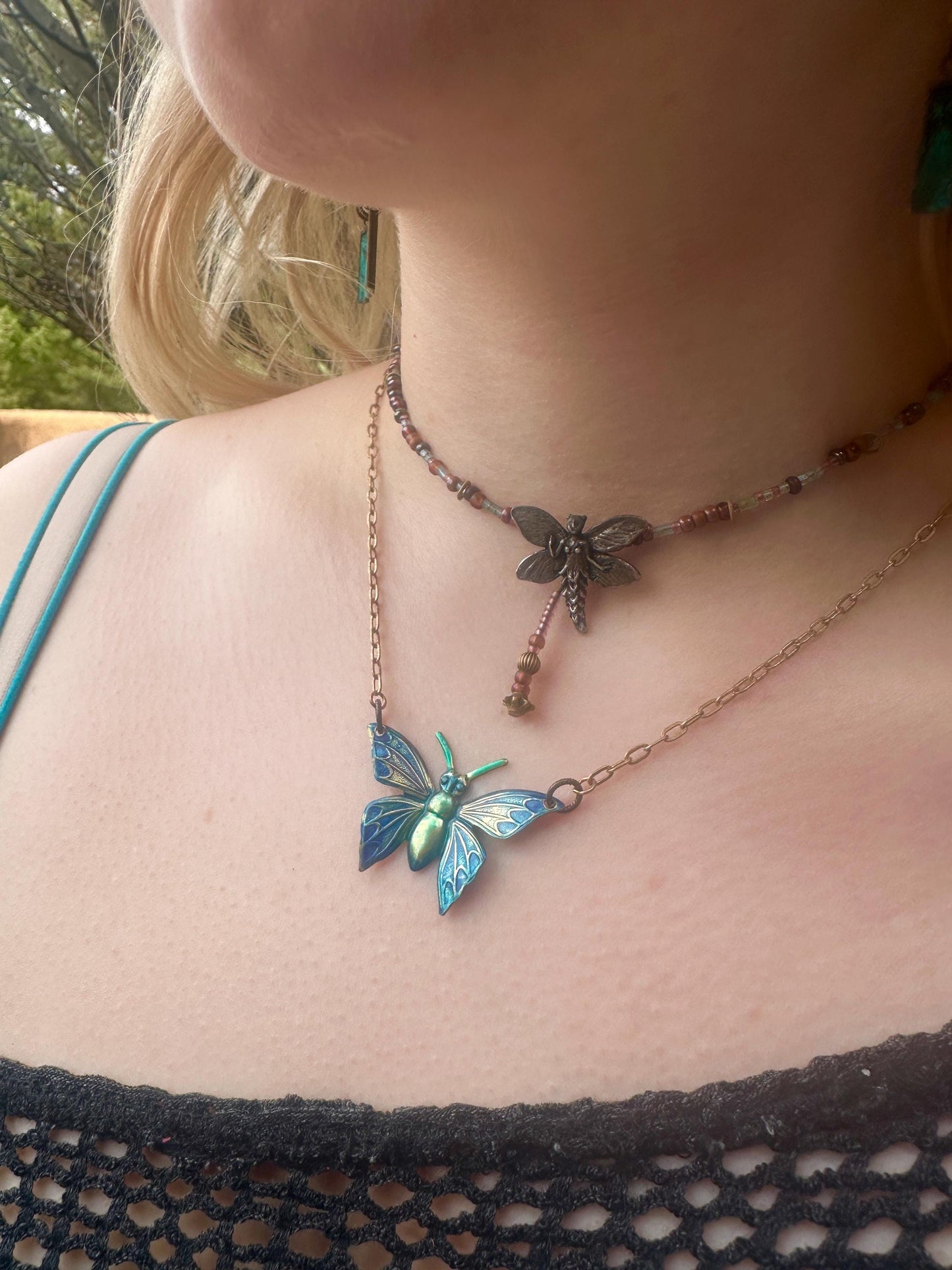 Luminous Butterfly Necklace- Hand Enamel Blue Purple Green Solid Brass - 16in