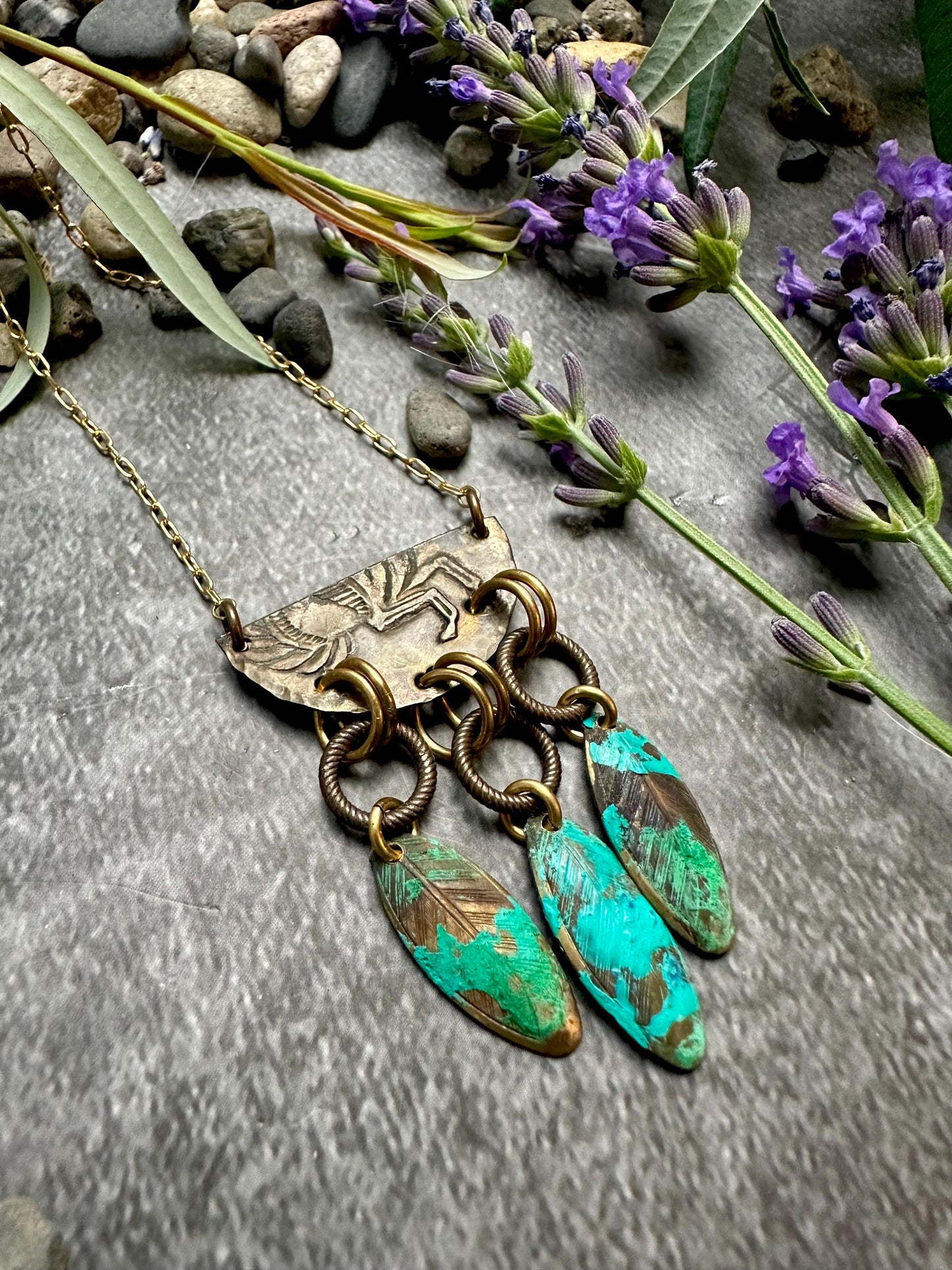 Lotus Petal Necklace - Handmade Beaten Brass Hand Patina