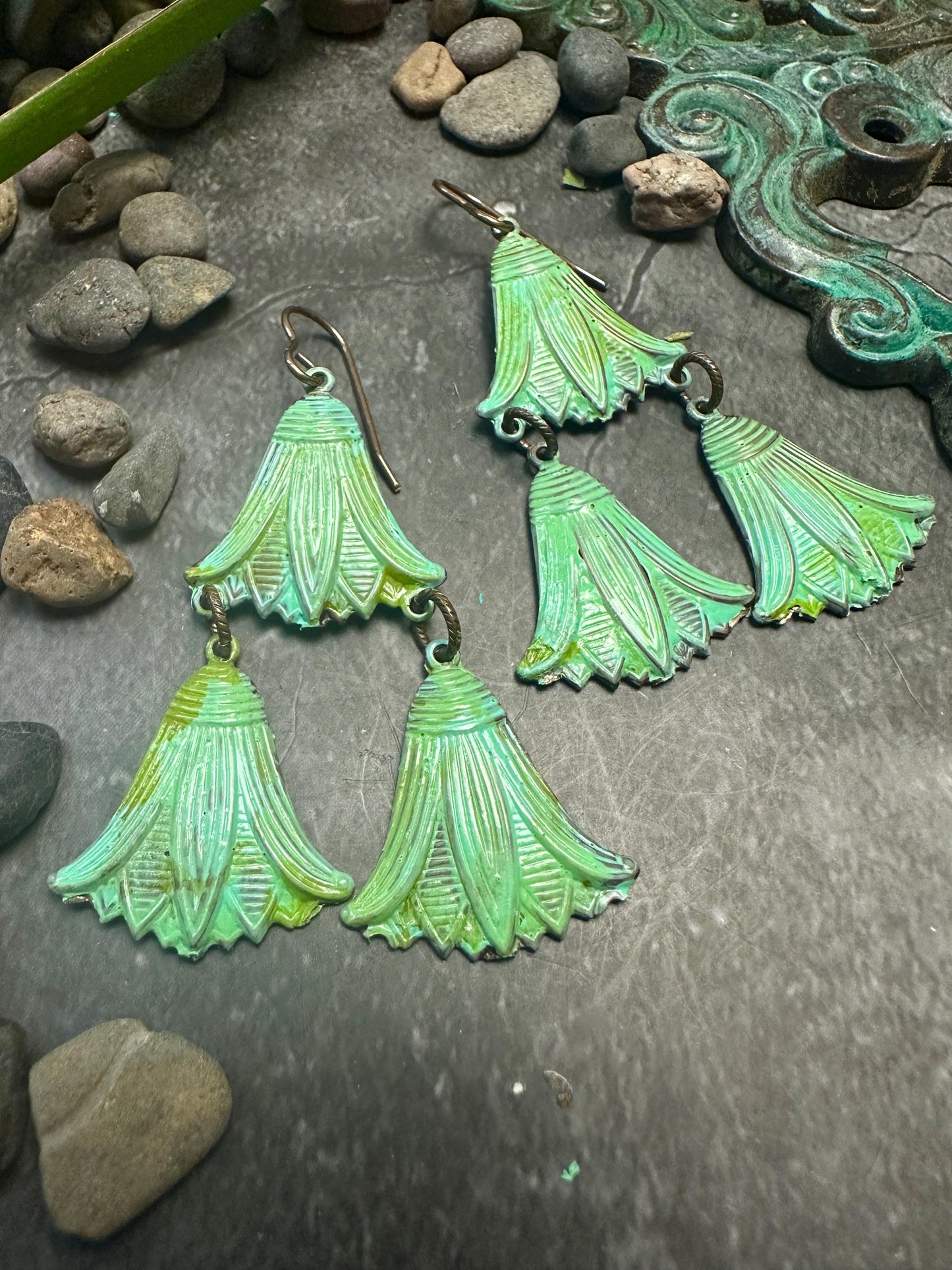 Lotus Drops Earrings- Handmade Beaten Solid Brass- Green Patina