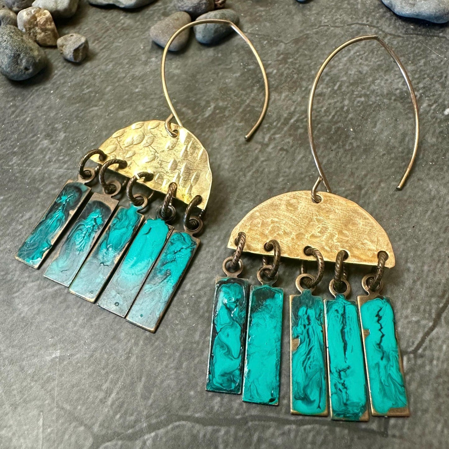 Geometric Fringe Earrings - Handmade Solid Hammered Brass Green Blue Hand Enamel