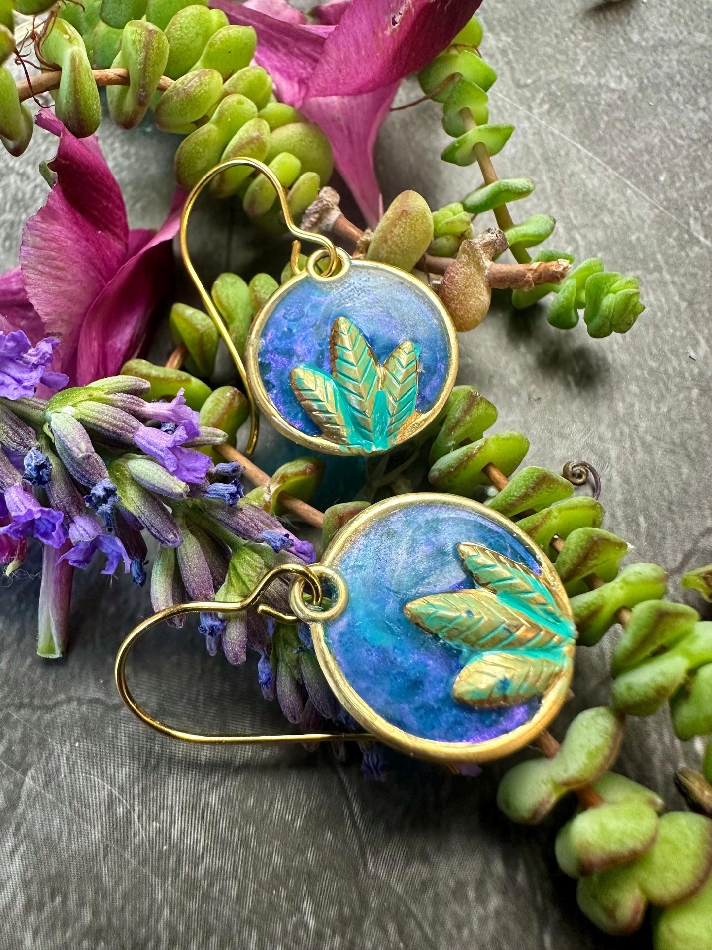 Lotus Bloom Earrings- Handmade Iridescent Patina Hand Colored Resin- blue