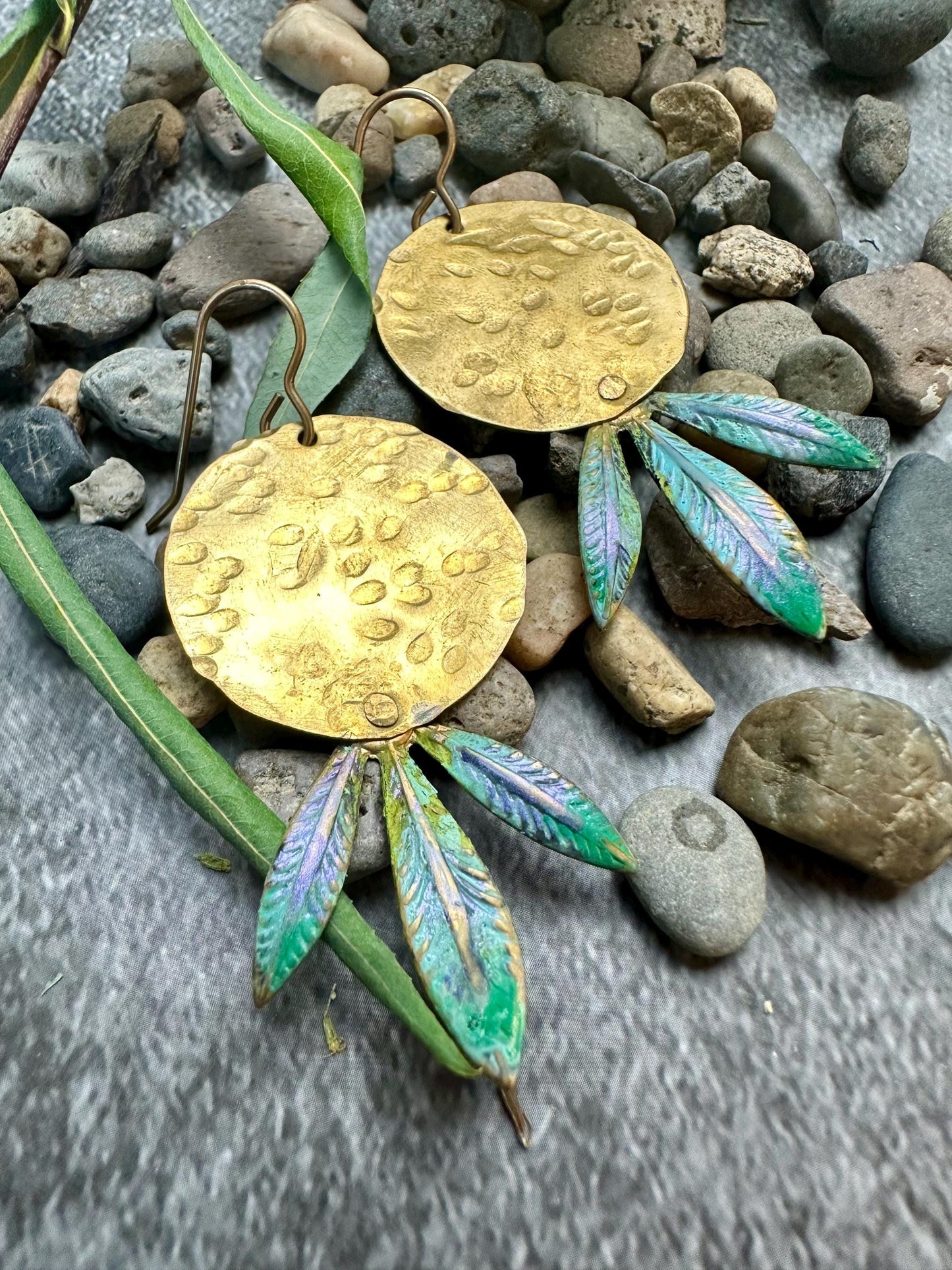 Lotus Sun Earrings - Handmade Solid Beaten Brass Hand Patina