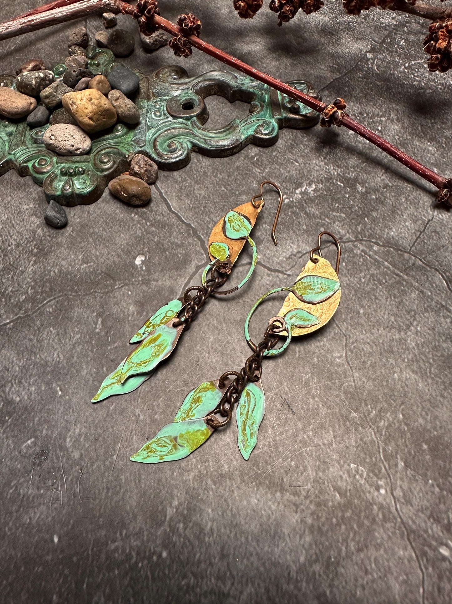 Falling Leaves - Handmade Solid Beaten Brass Hand Patina Earrings