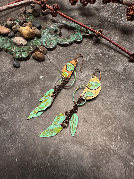 Falling Leaves - Handmade Solid Beaten Brass Hand Patina Earrings
