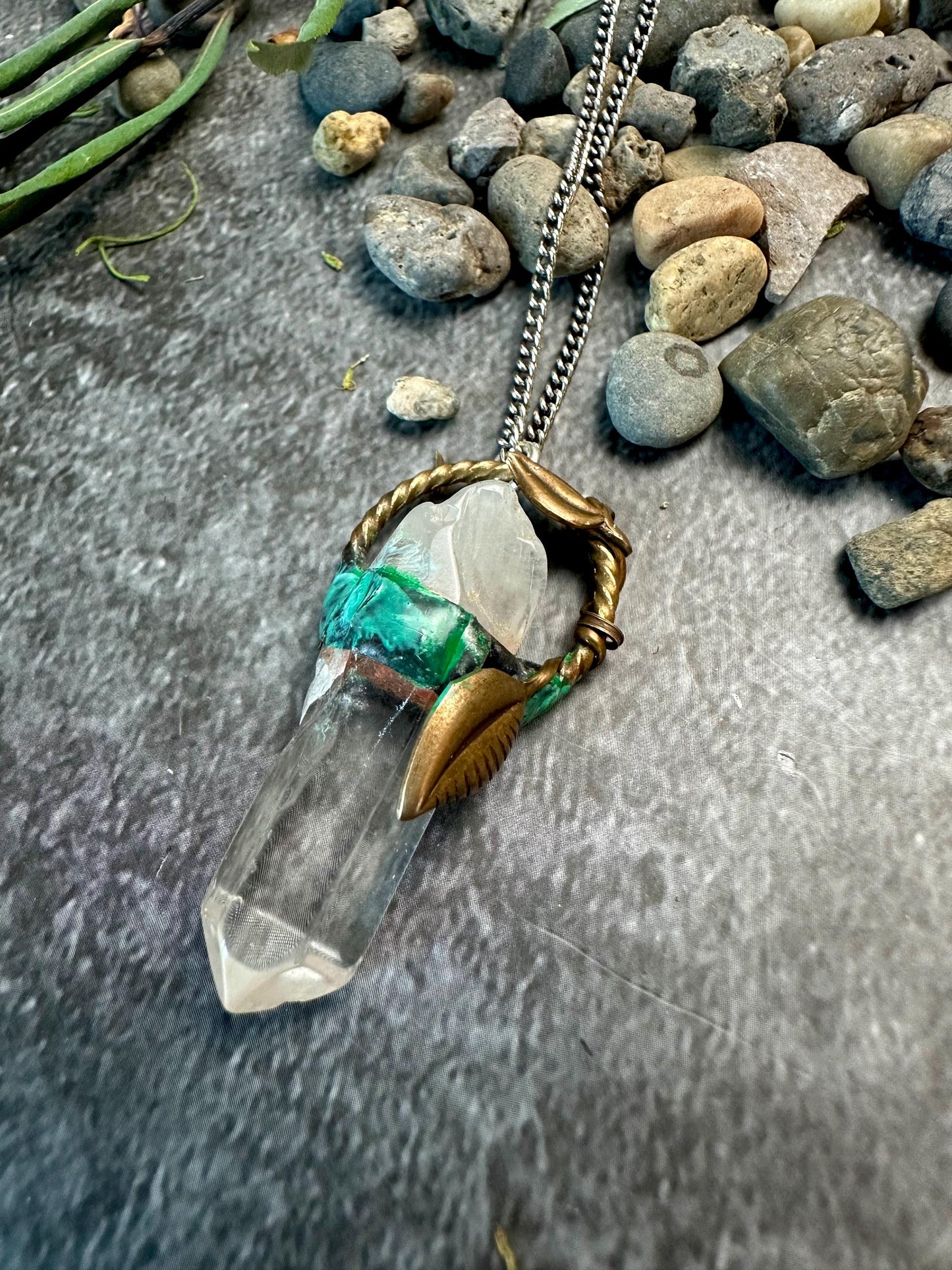 Climbing Vine - Handmade Soldered Crystal Quartz Hand Patina Necklace