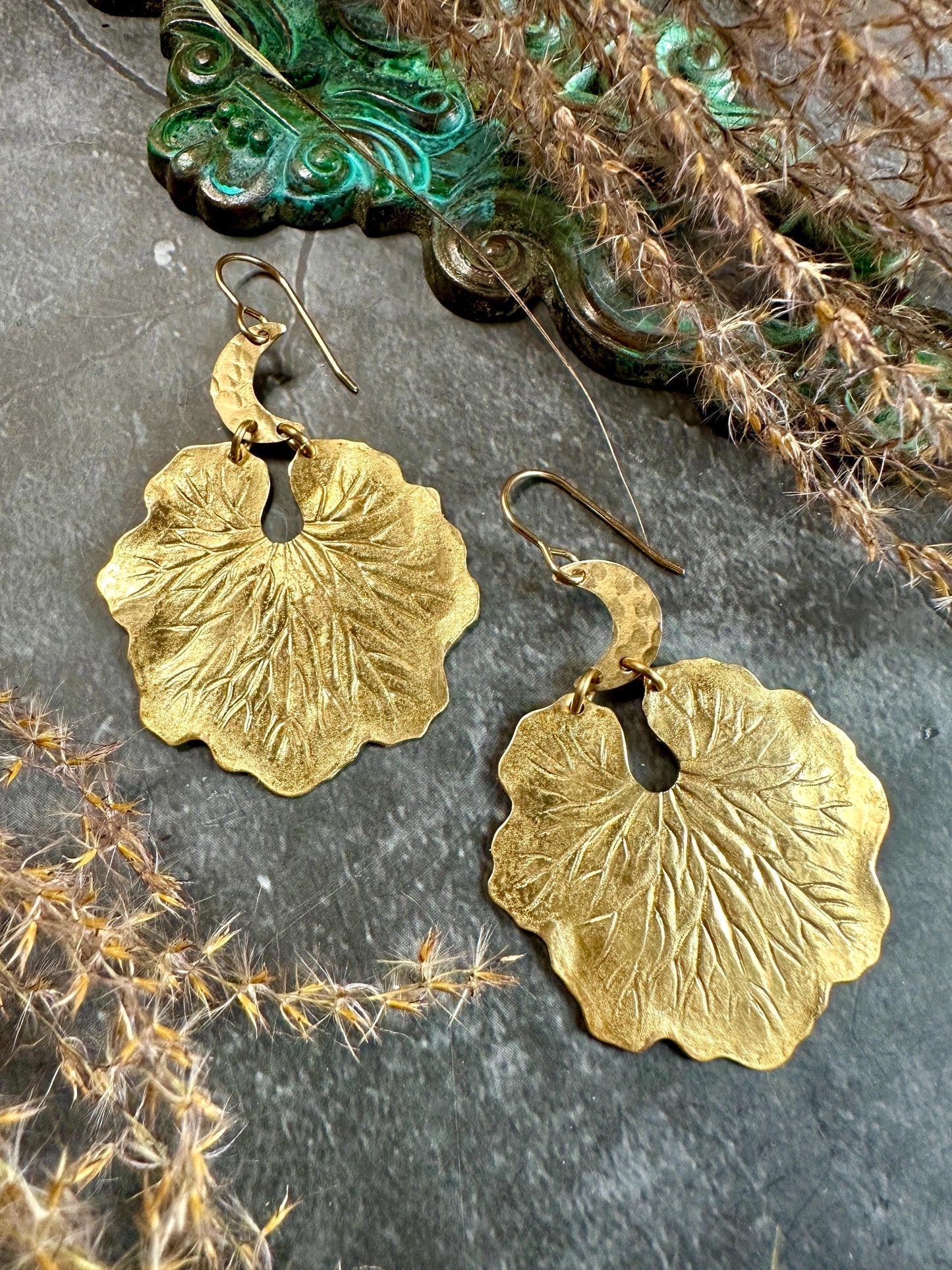 Crescent Moon Lilypad Leaf Earrings- Nouveau Handmade Beaten Solid Brass