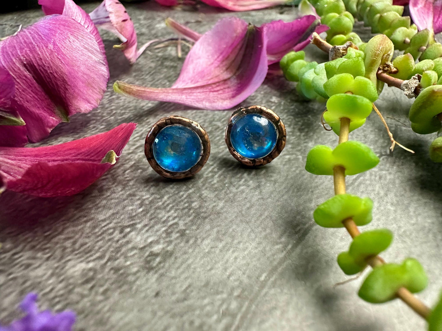 Moon Beam Post Earrings - Handmade Iridescent Hand Colored Resin- blue