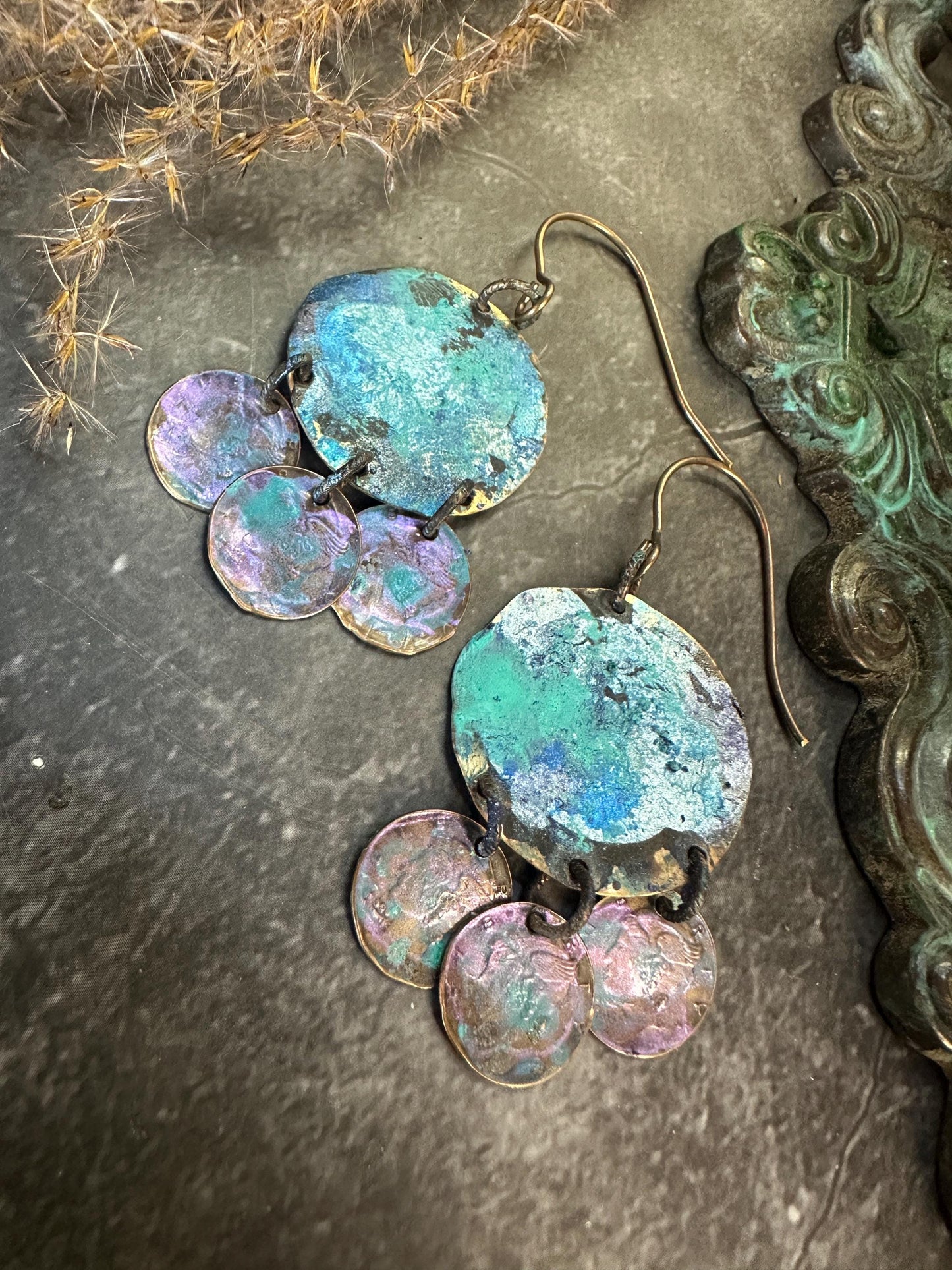 Mermaid Coin Earrings- Hand Patina Handmade Solid Beaten Brass Iridescent Patina