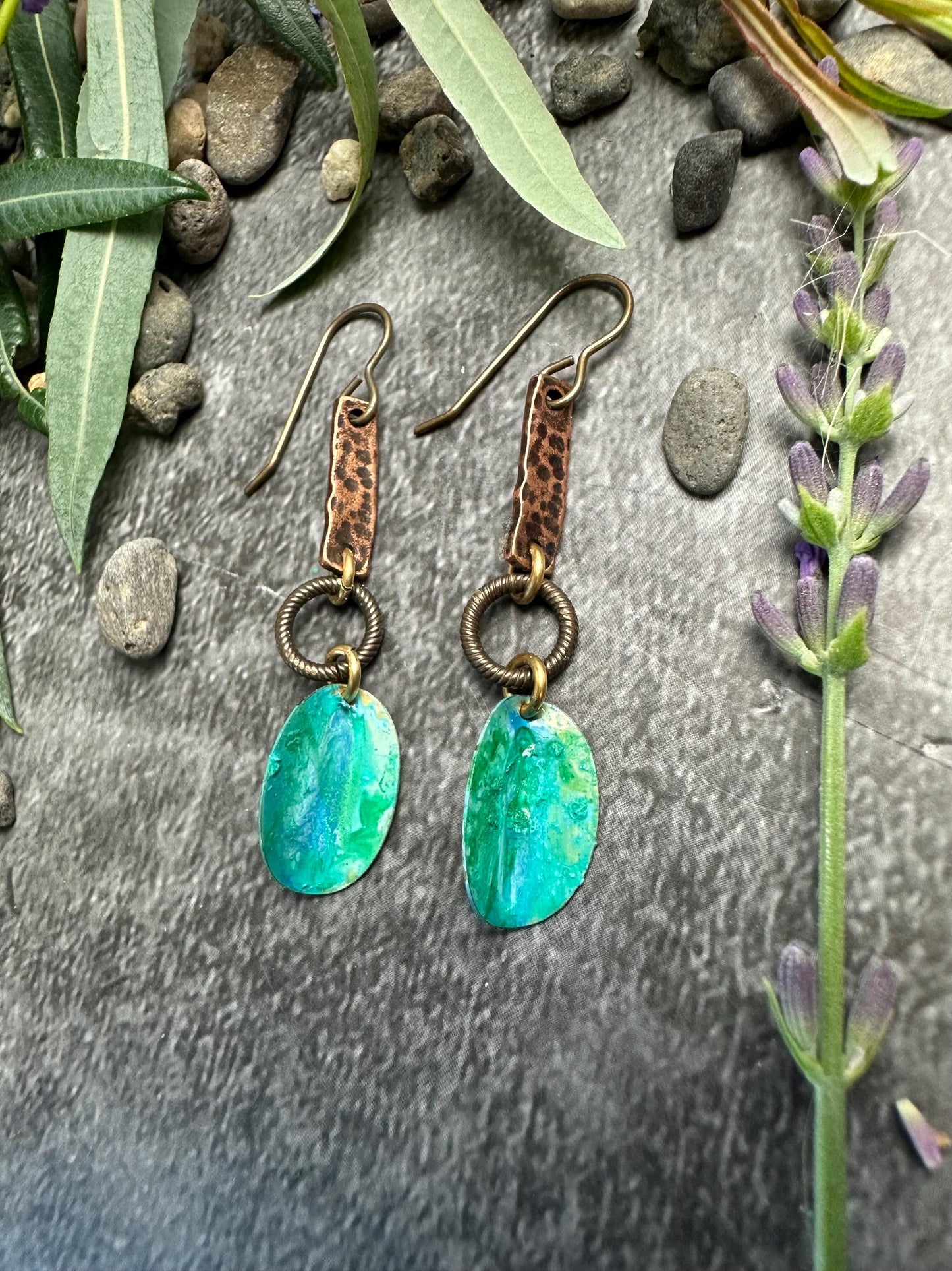 Petal Earrings- Hand formed Solid Brass Hand Patina