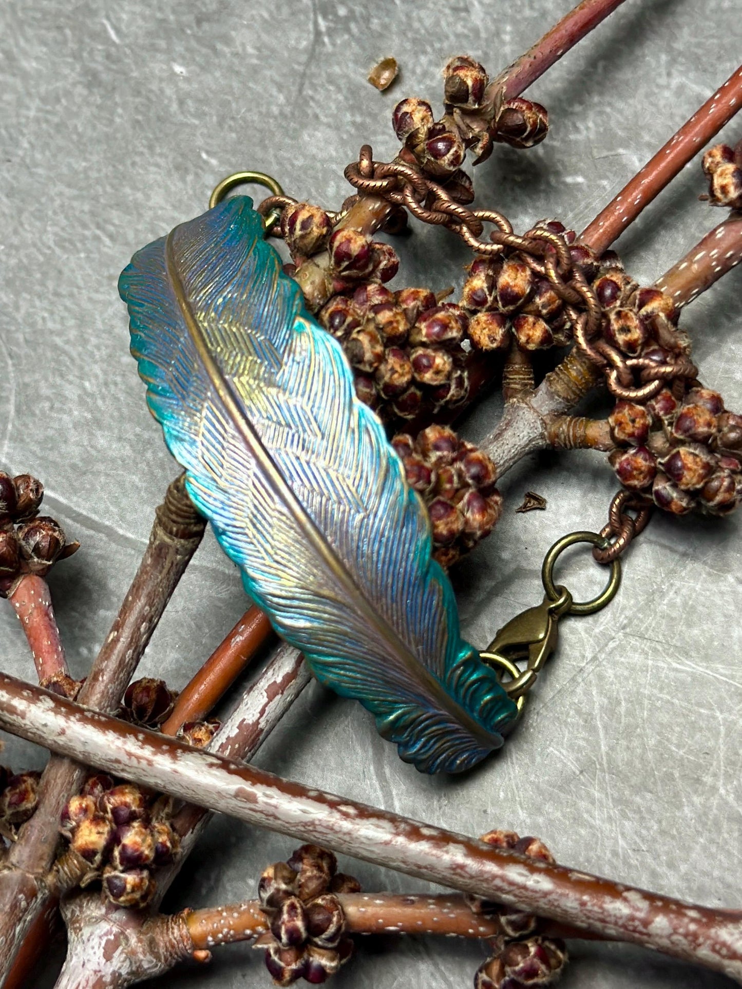 Iridescent Feather Bracelet - Handmade Solid Brass & Hand Patina