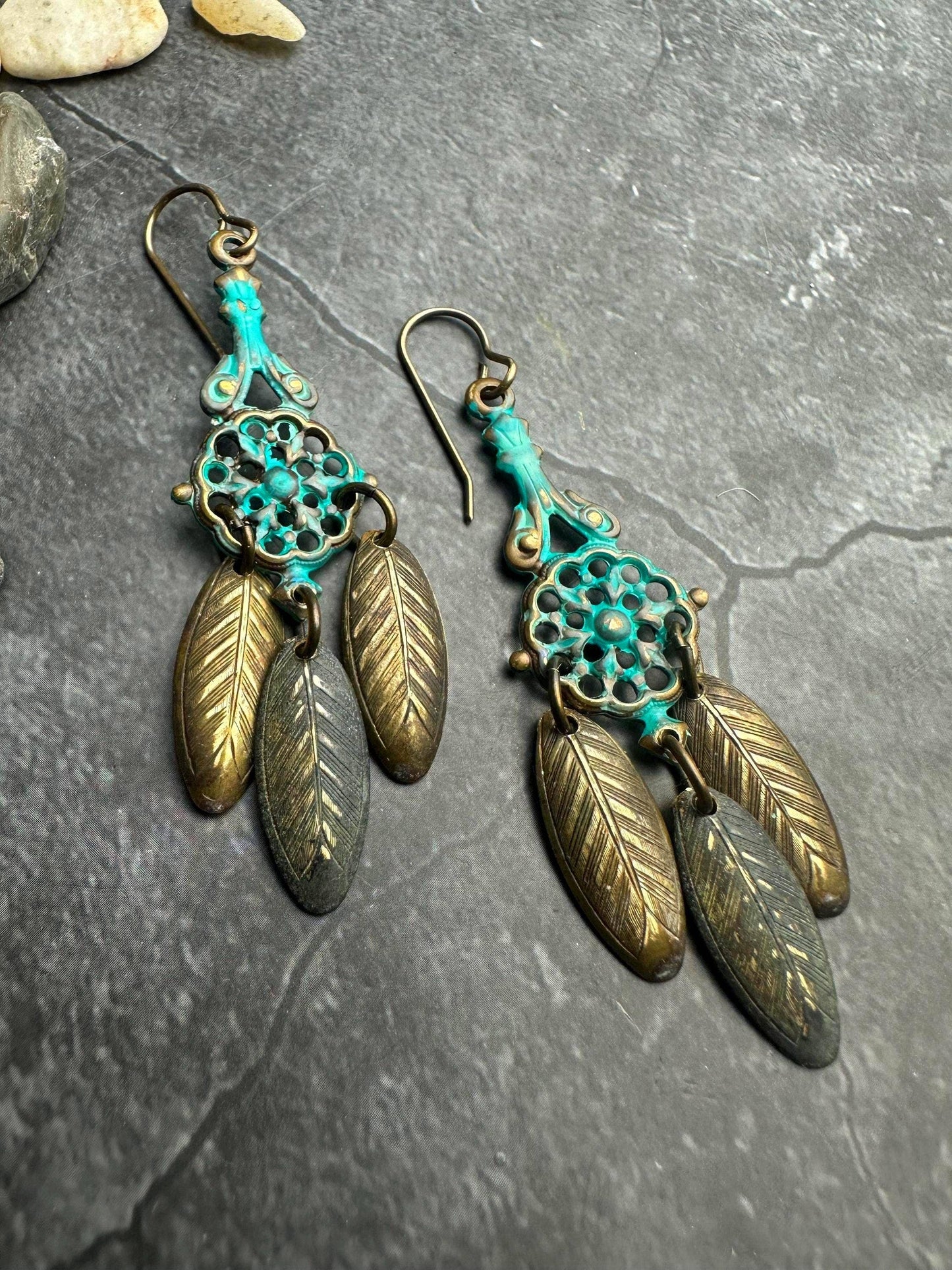 Rustic Relic Filigree Petal Earrings Patina Brass