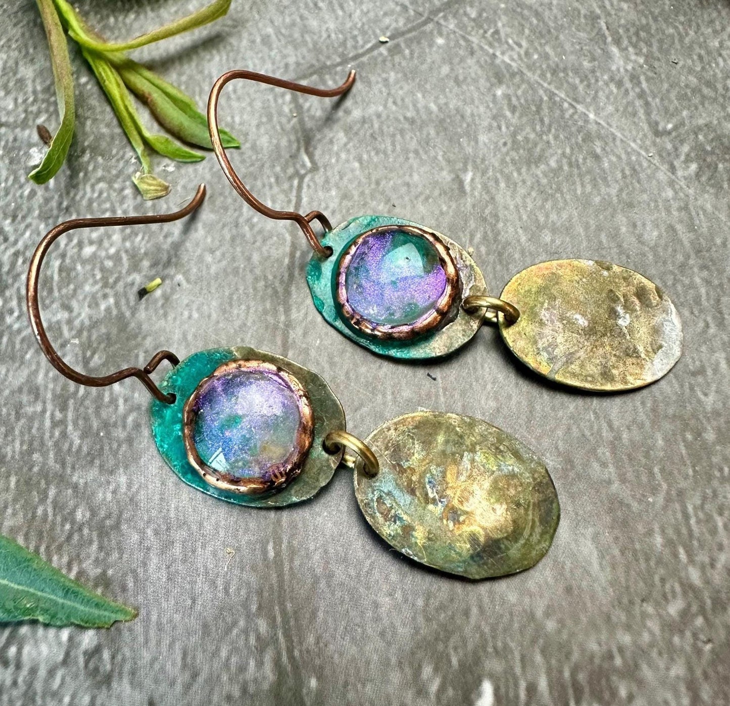 Gleaming Pool Double Drop Earrings- Iridescent Hand Beaten Brass with Hand Colored Resin
