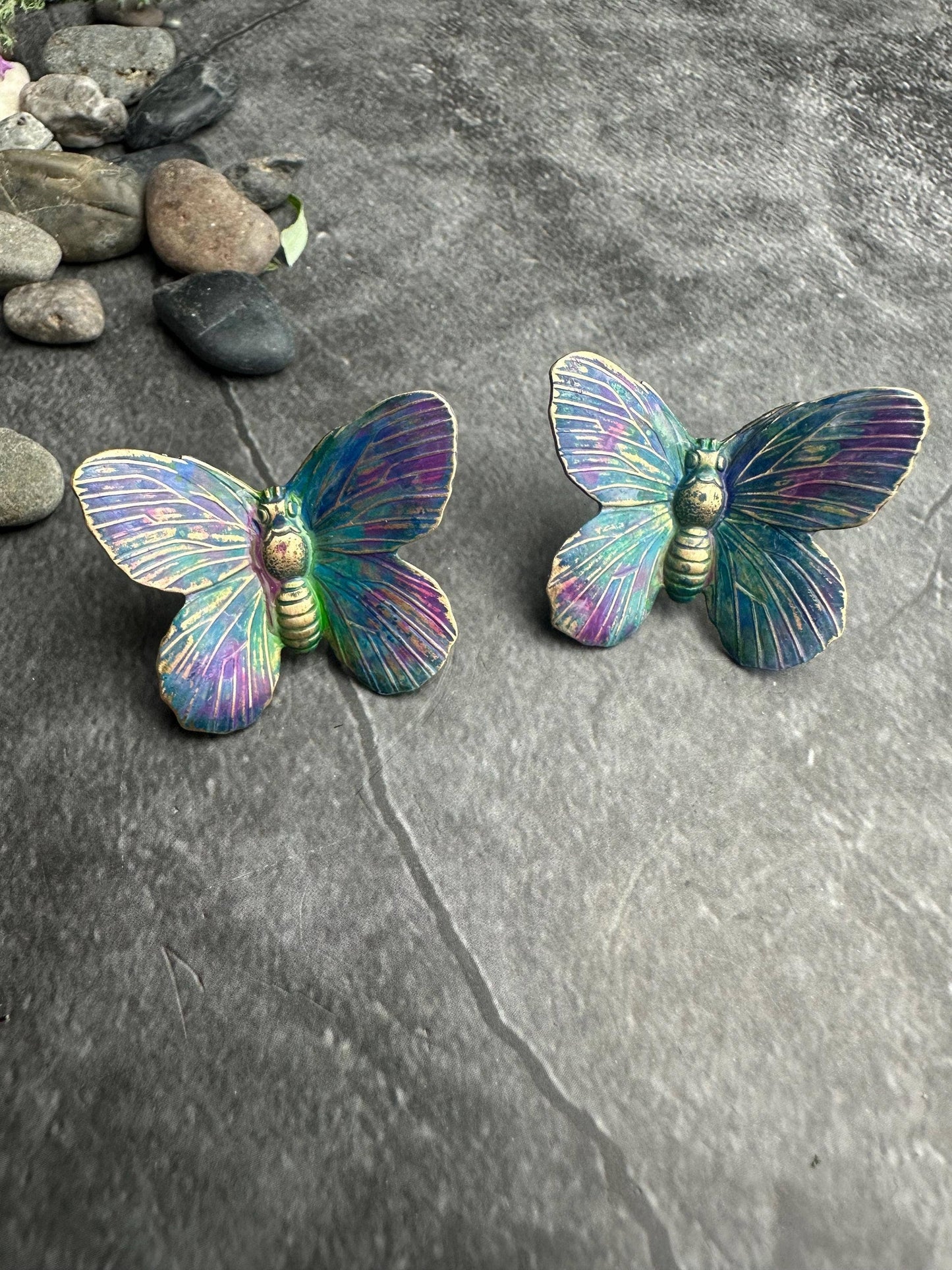 Iridescent Brass Large Butterfly Post Earrings, Color Shift