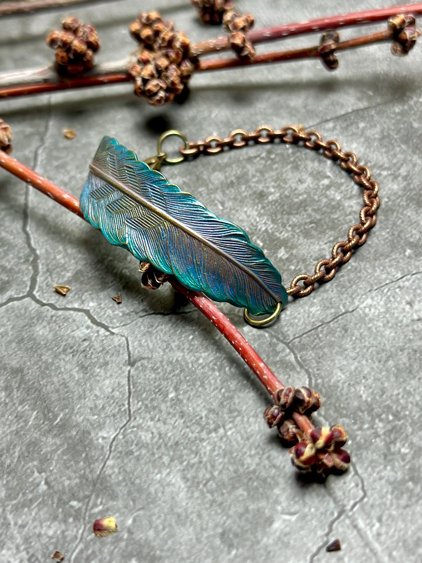 Iridescent Feather Bracelet - Handmade Solid Brass & Hand Patina