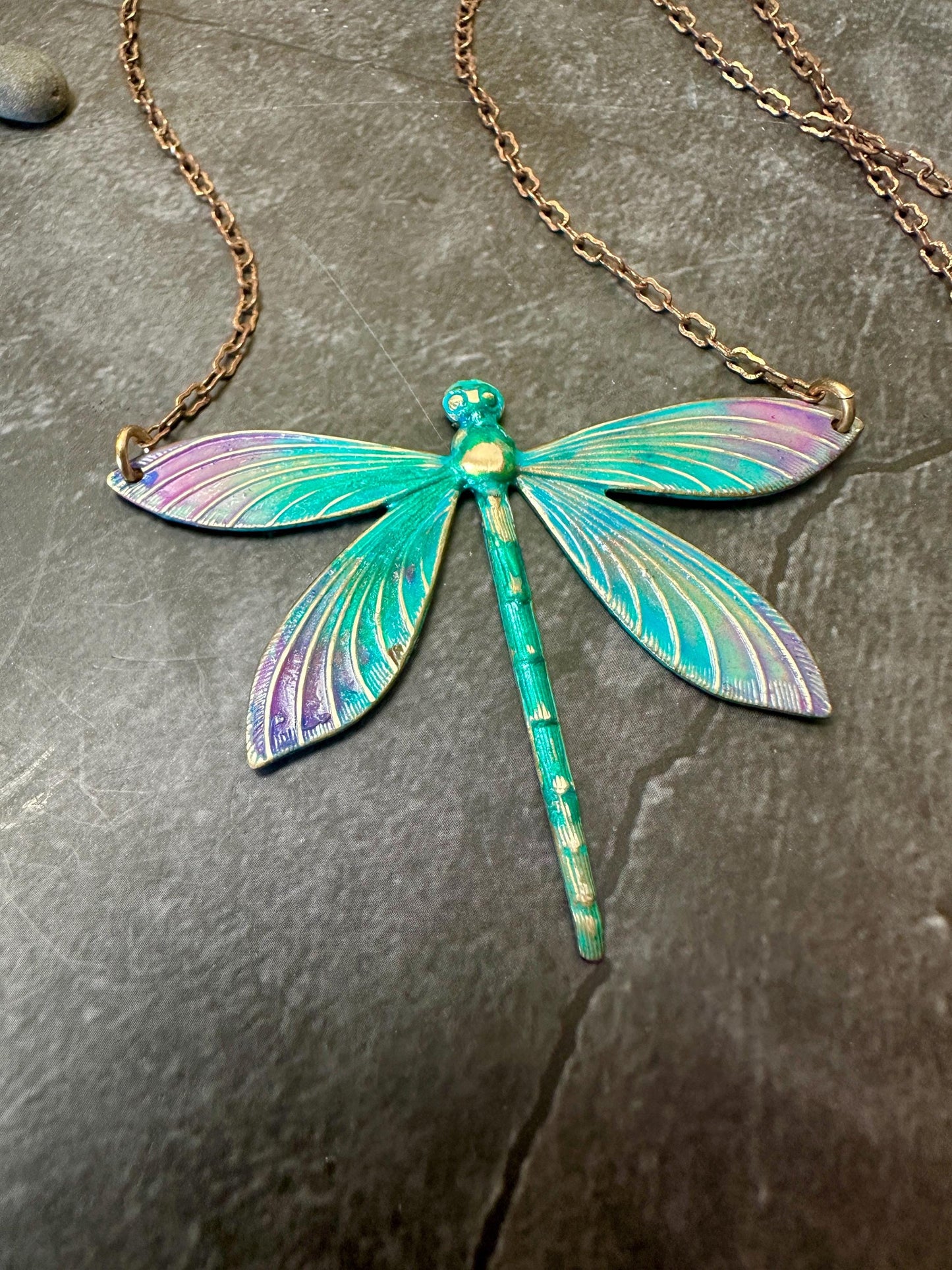 Enamel Dragonfly Necklace - Handmade Solid Brass Rainbow Hand Patina