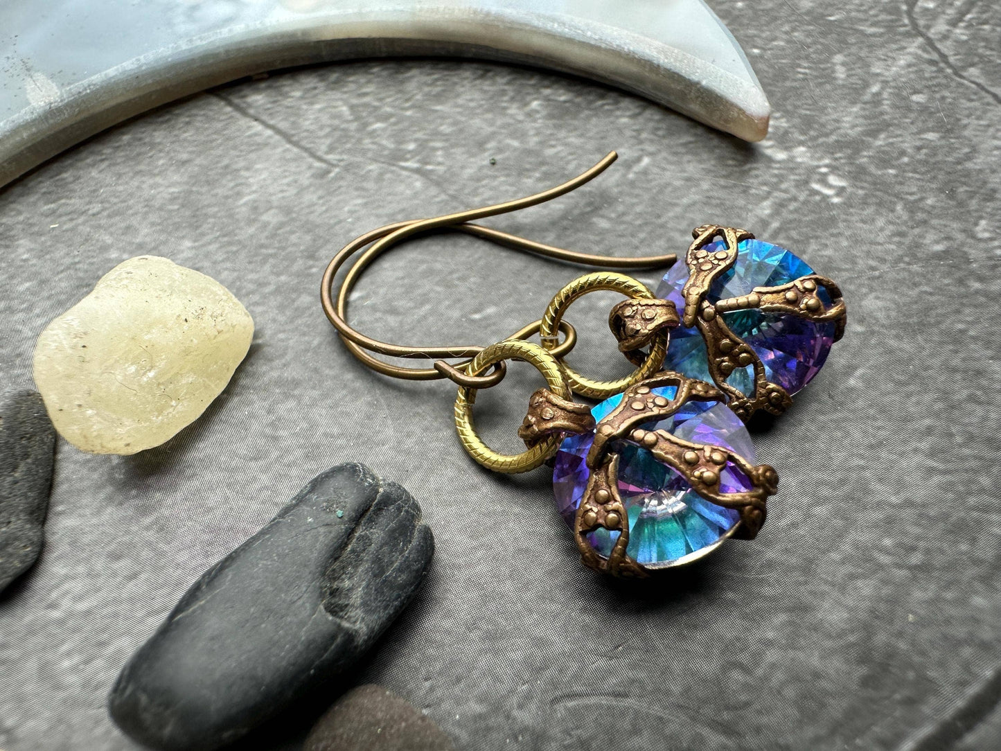 Encased Crystal Filigree Earrings- Handmade Solid Brass