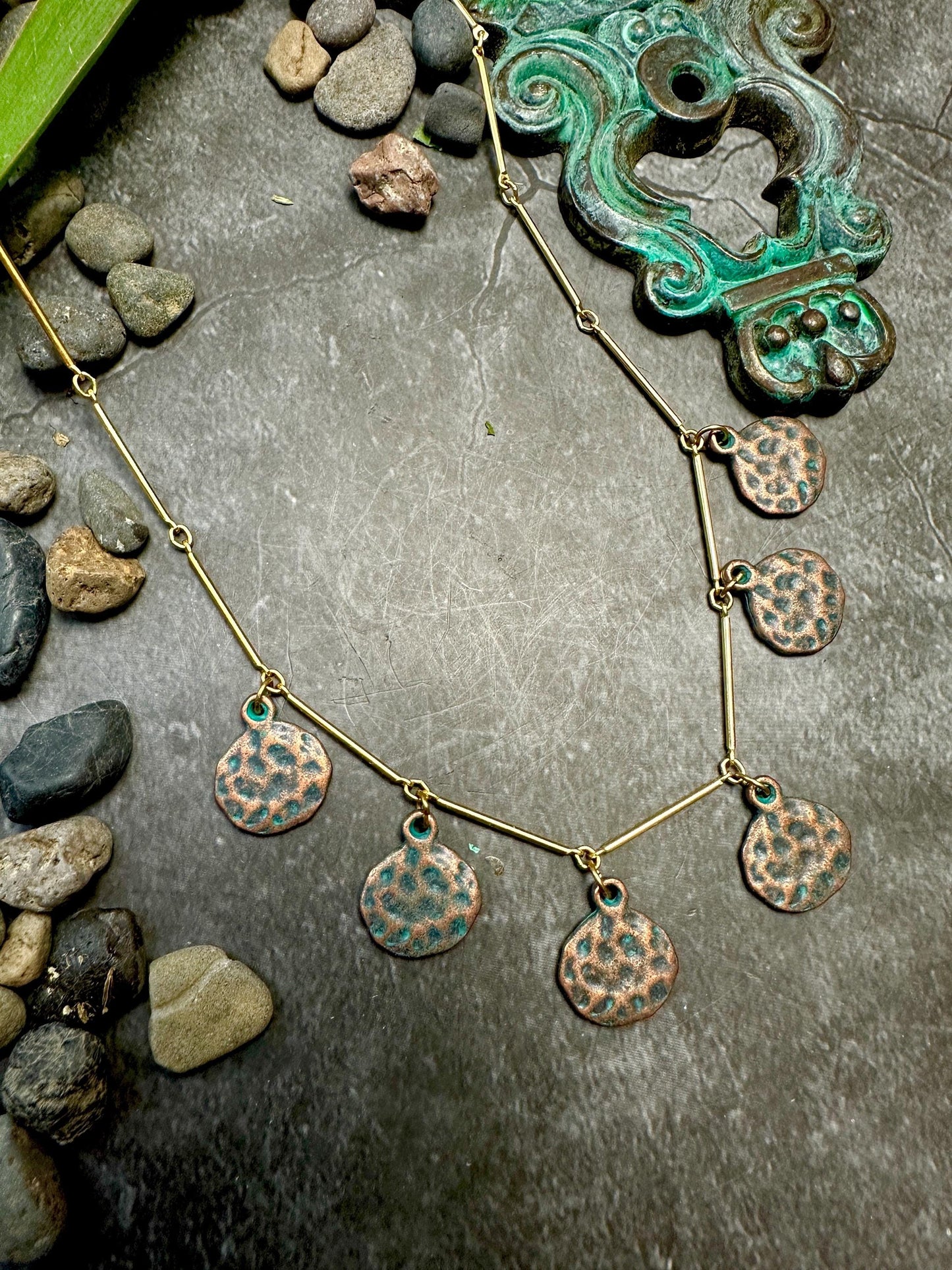 Calypso Necklace- Hammered Copper over Pewter, 10k Gold Plated Chain - 18 inch
